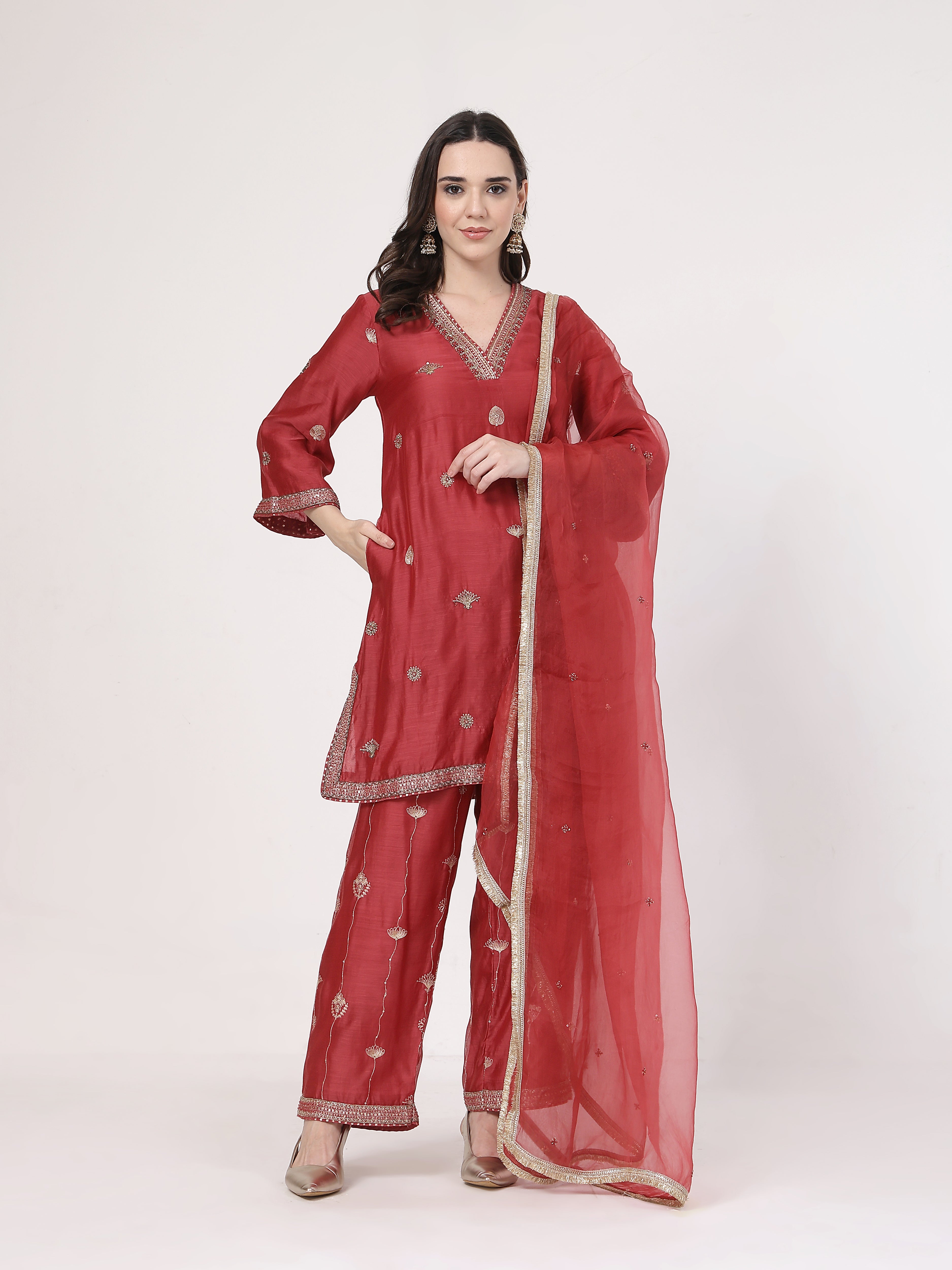 Maroon Embroidered Suit Set