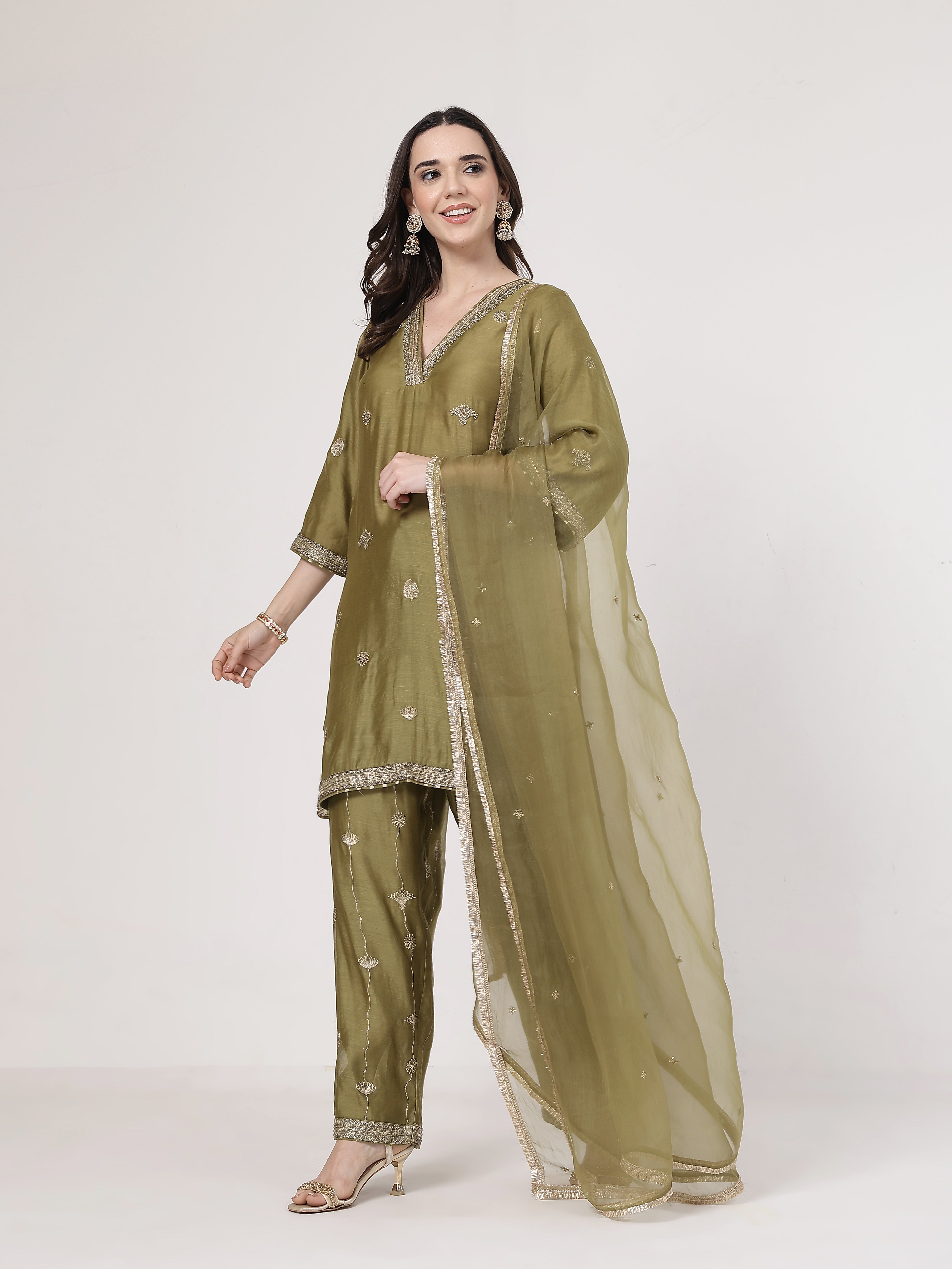 Olive Green Embroidered Suit Set