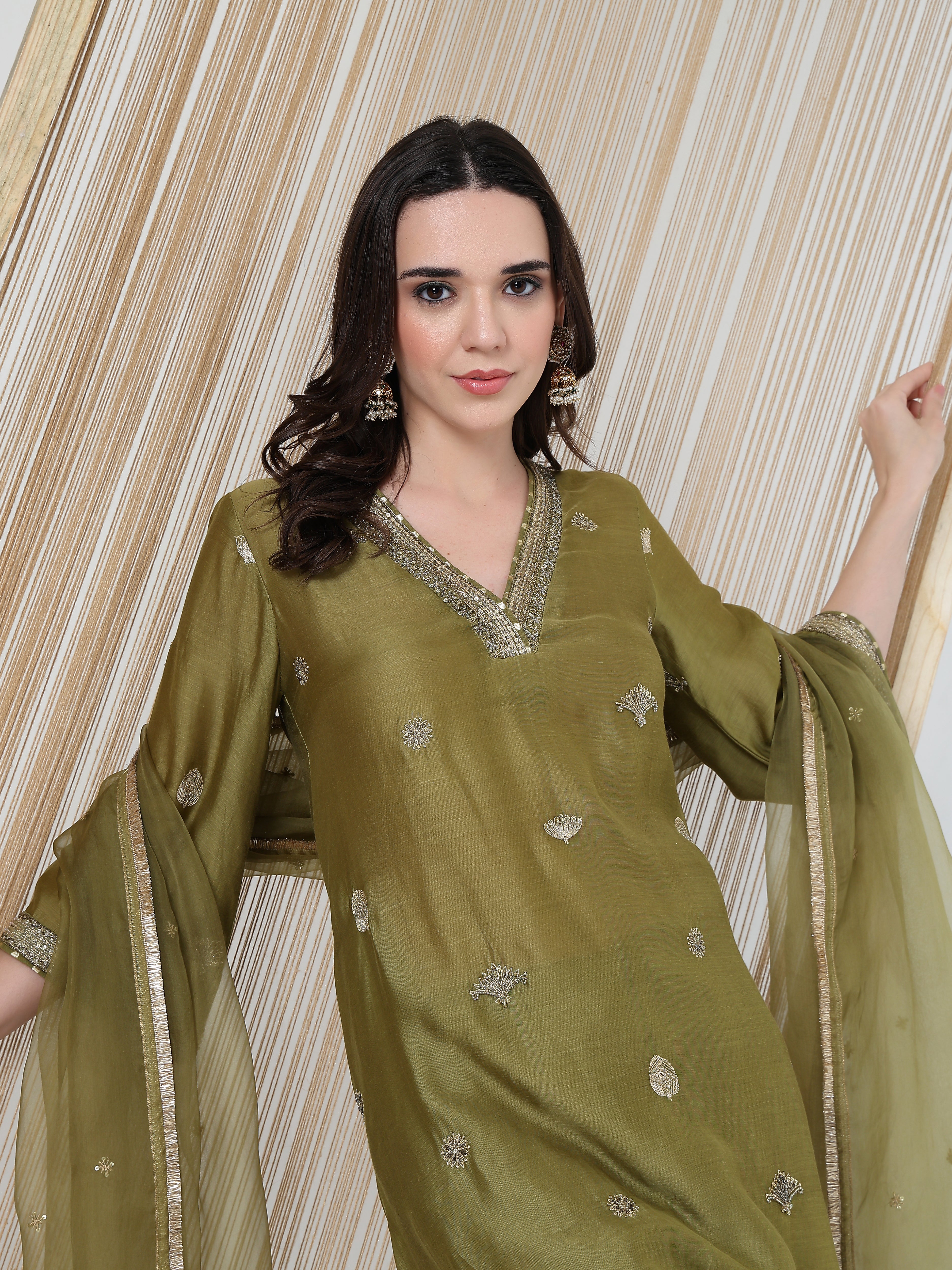 Olive Green Embroidered Suit Set
