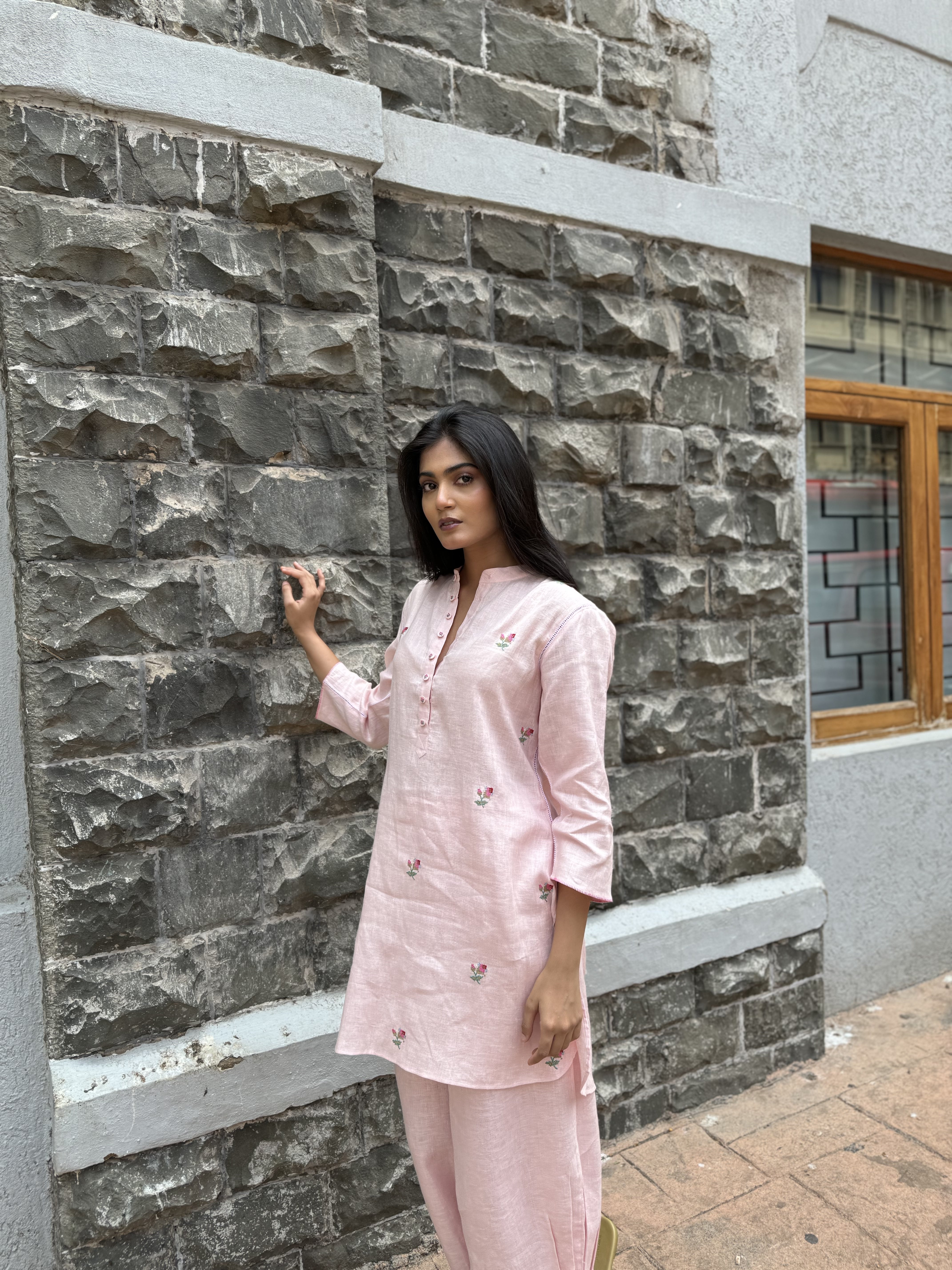 Pink Floral Embroidered Linen Co-ord Set