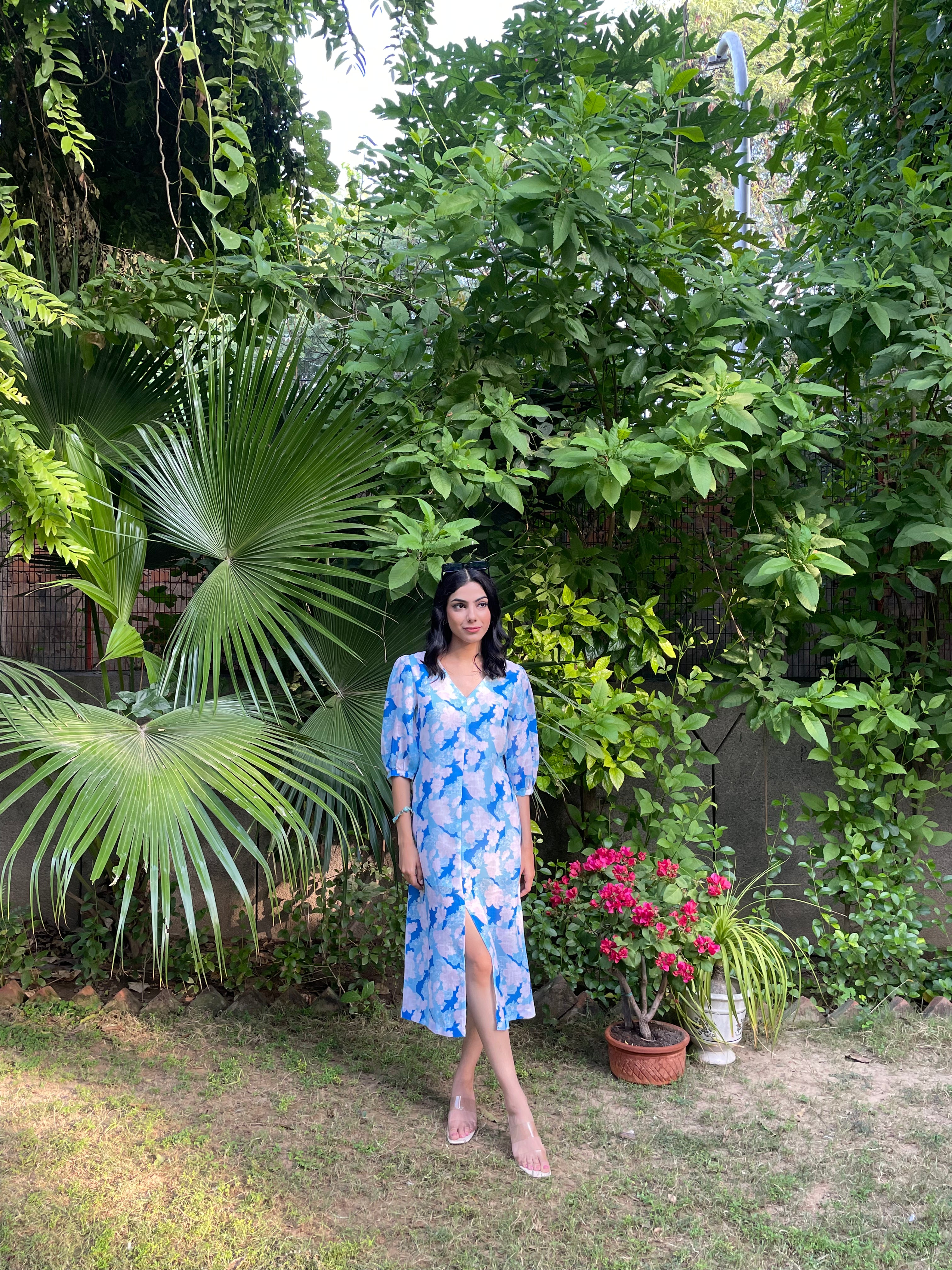 Blue Floral Linen Dress