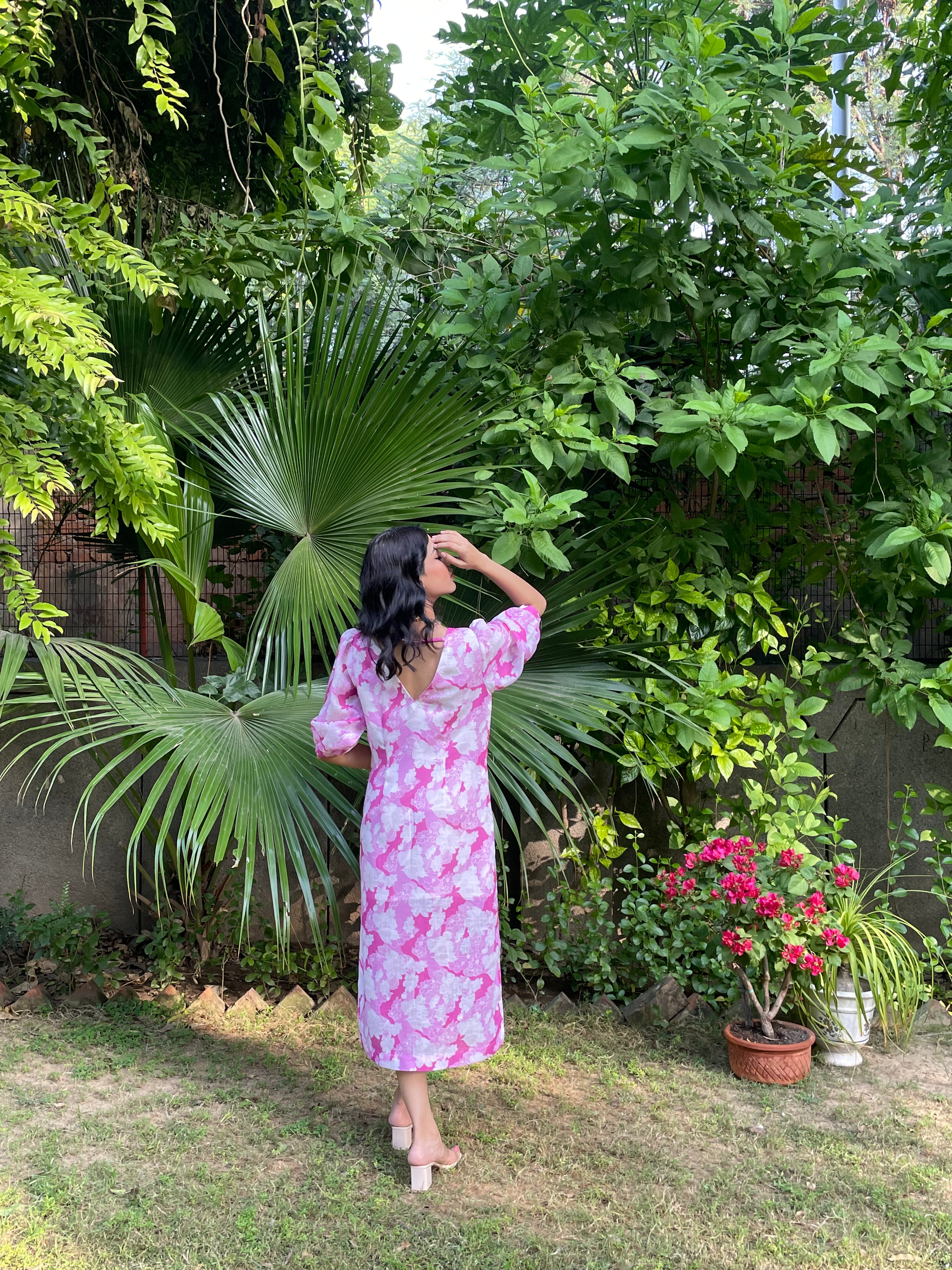 Pink Floral Linen Dress
