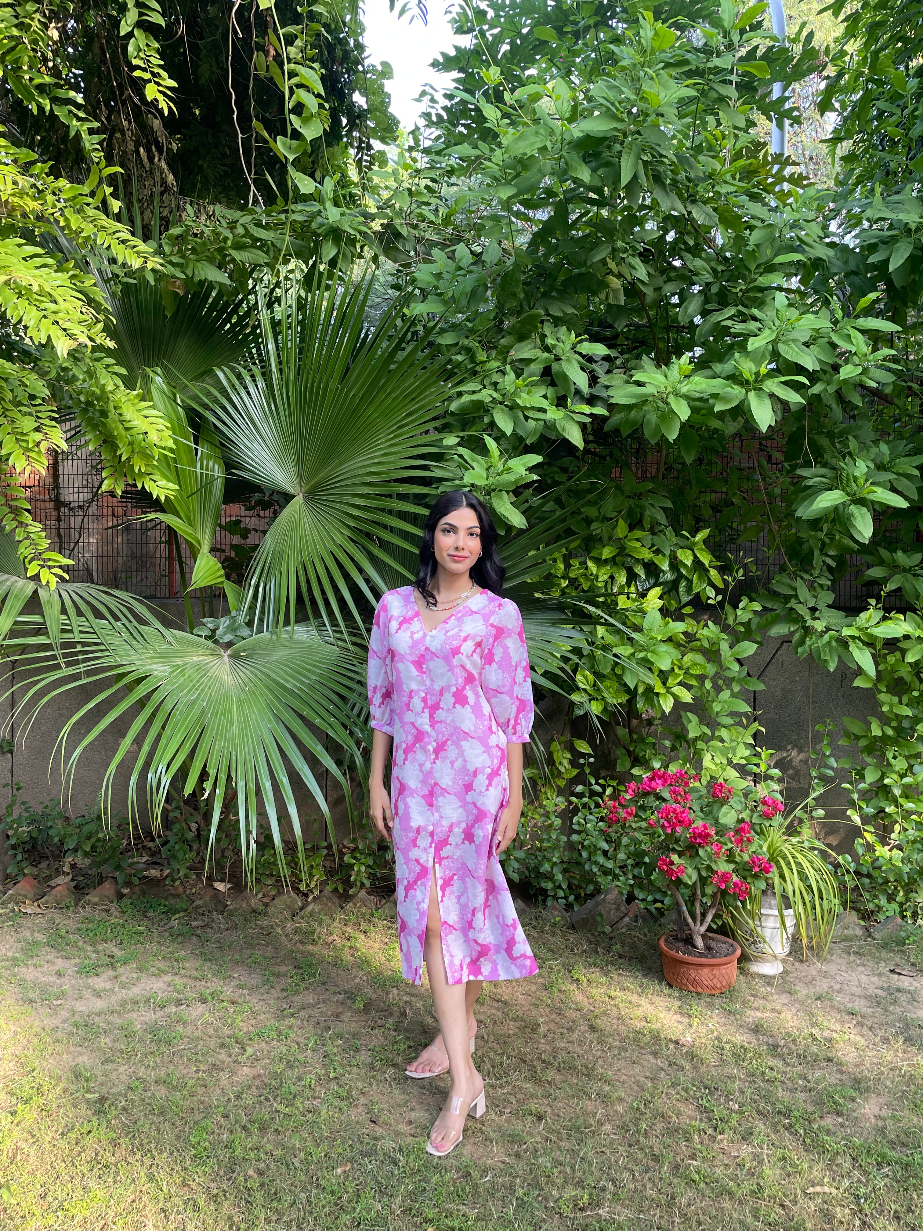 Pink Floral Linen Dress