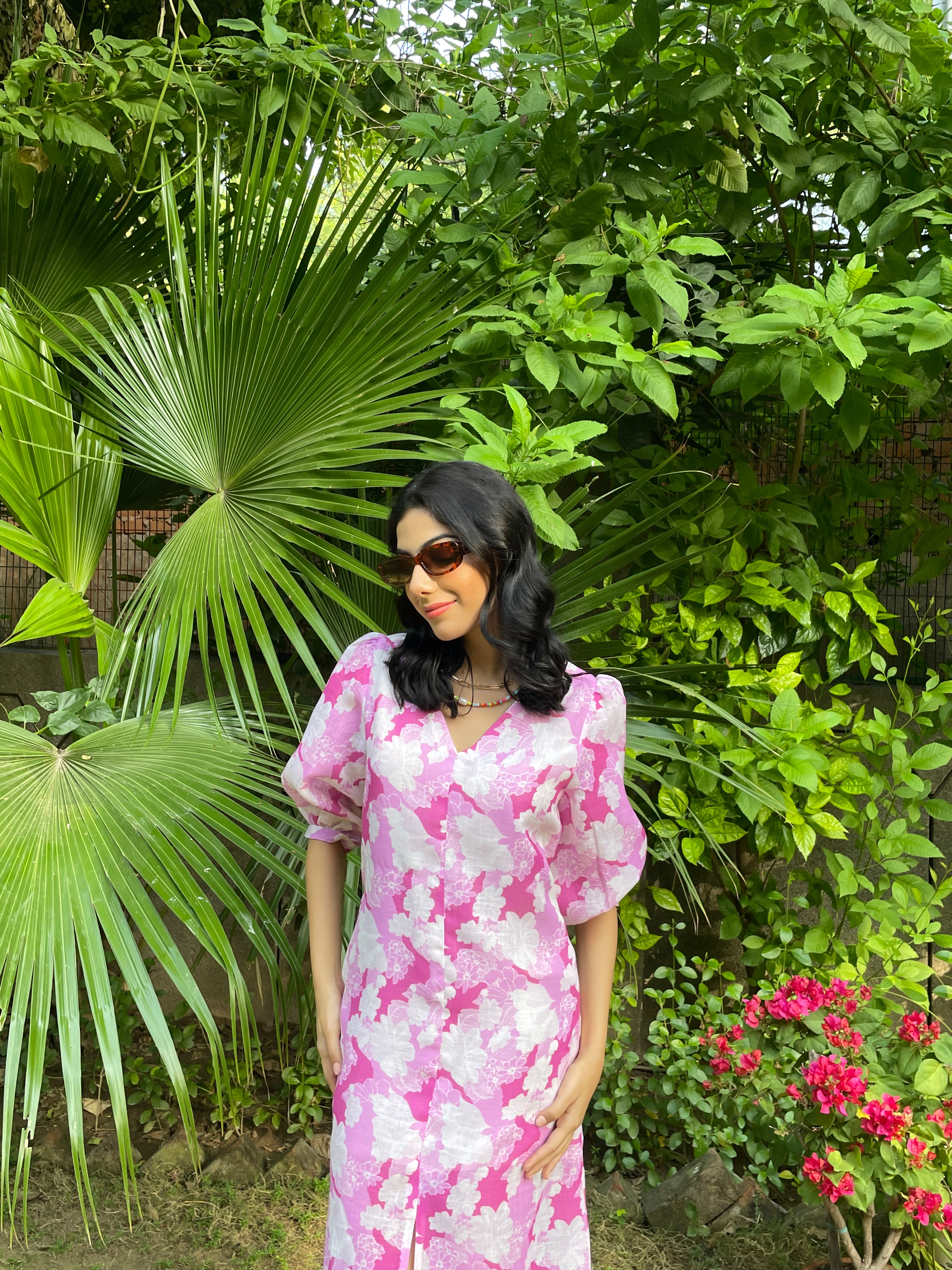 Pink Floral Linen Dress