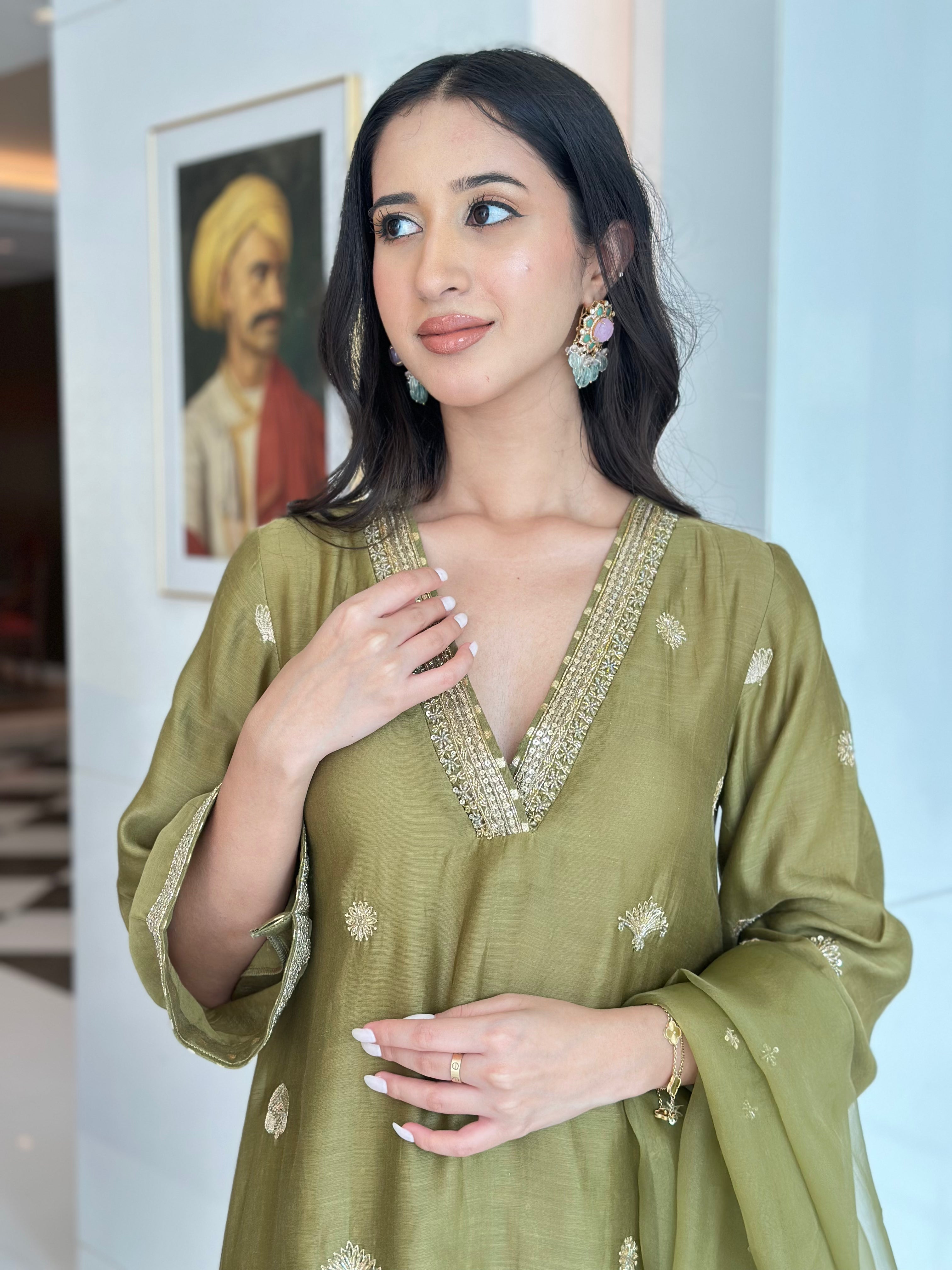 Olive Green Embroidered Suit Set