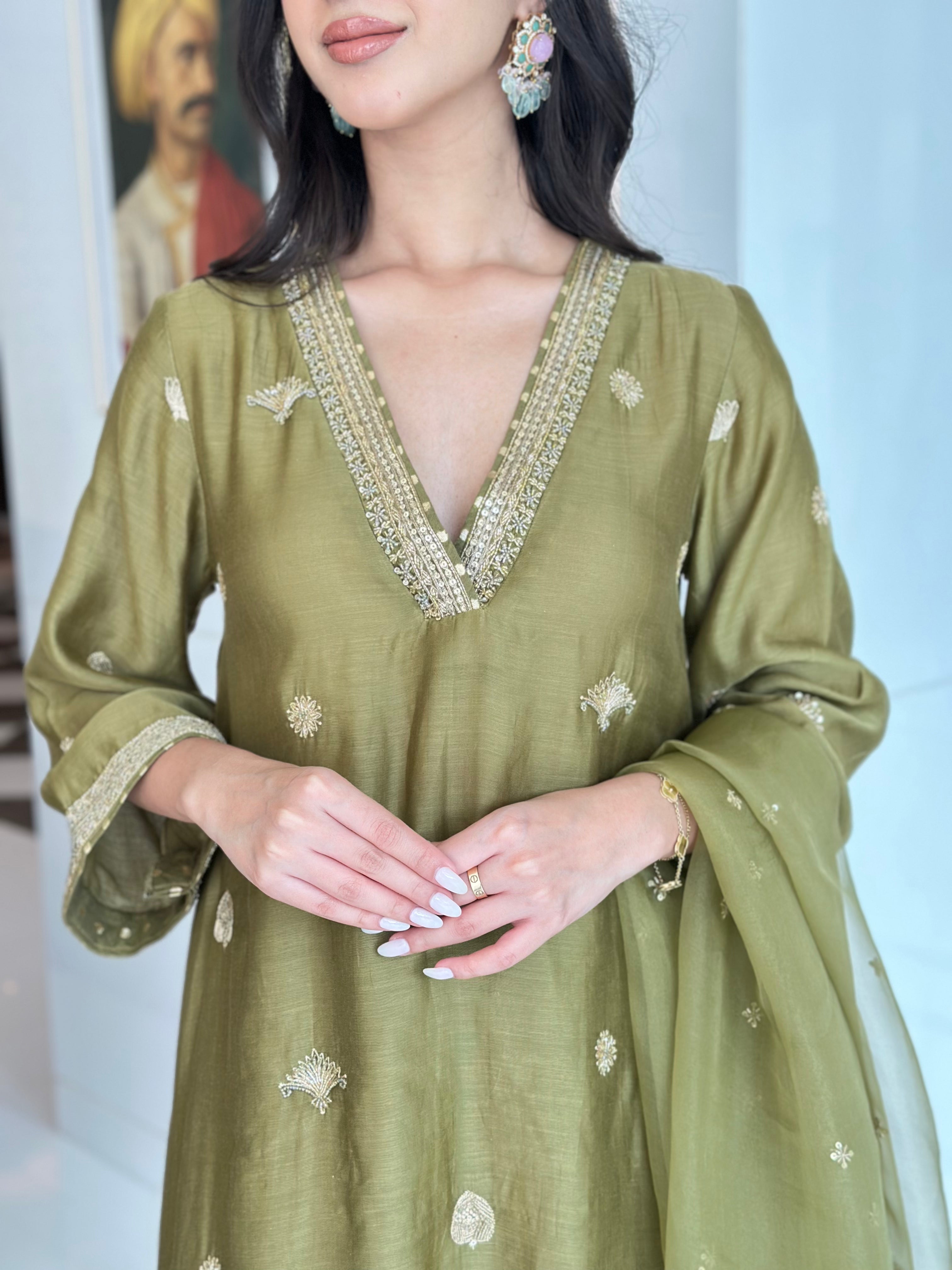 Olive Green Embroidered Suit Set