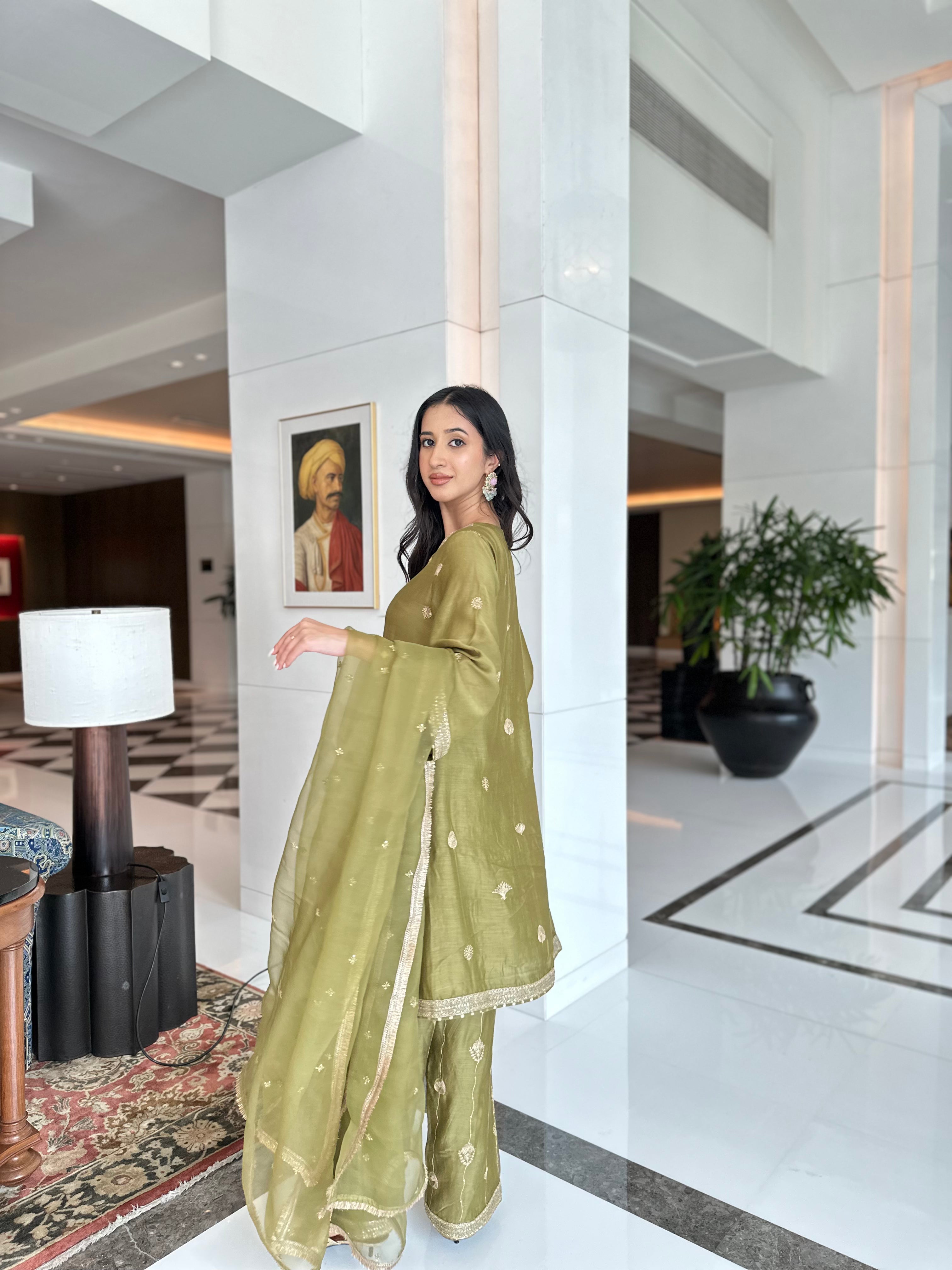 Olive Green Embroidered Suit Set