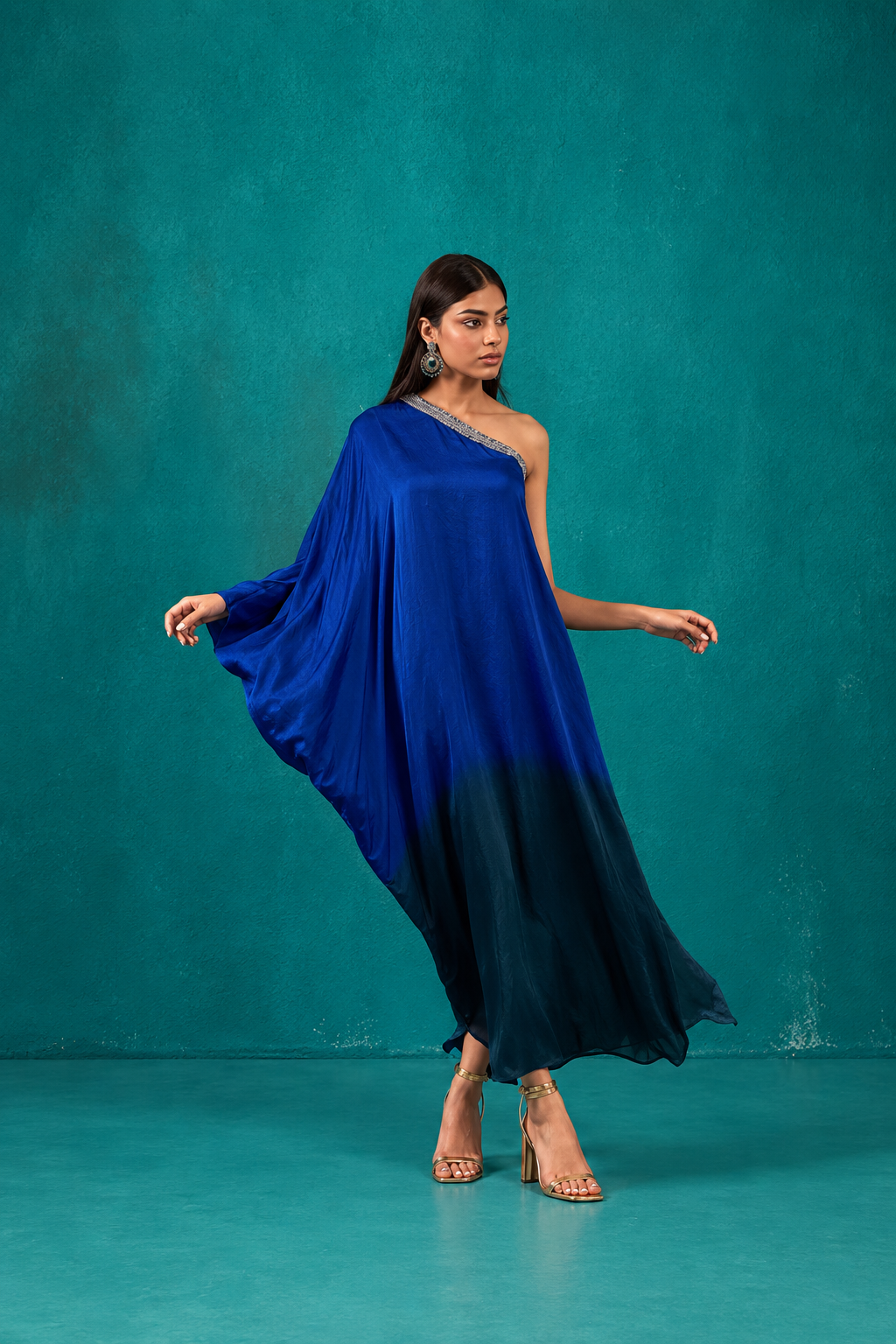 Teal Green One Shoulder Kaftan Dress