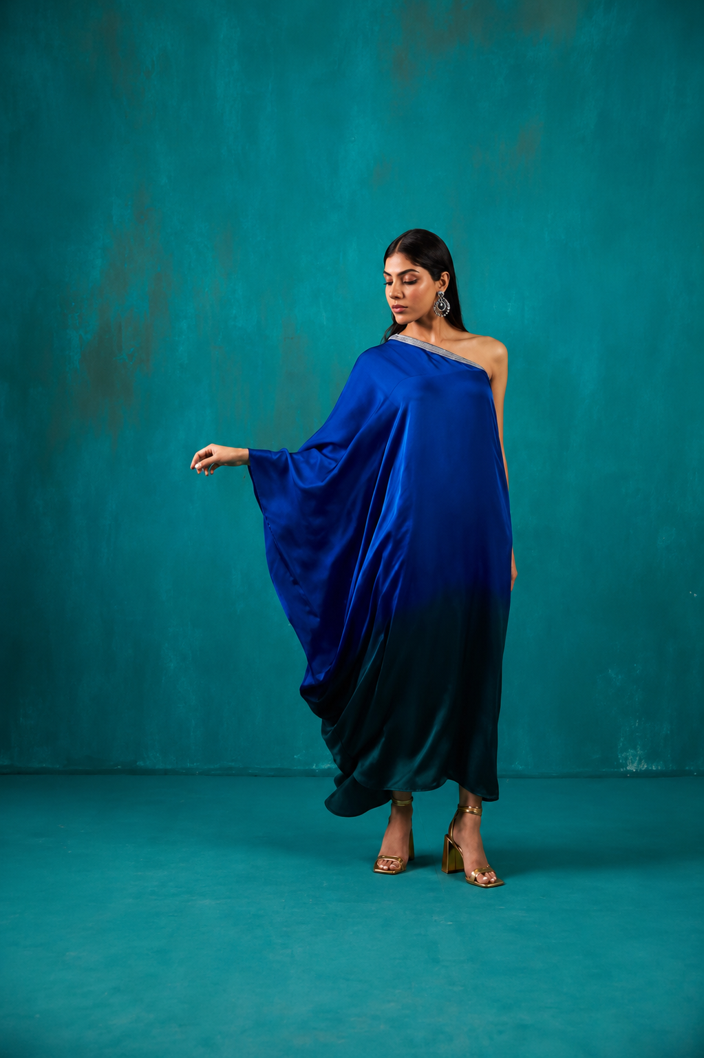 Teal Green One Shoulder Kaftan Dress