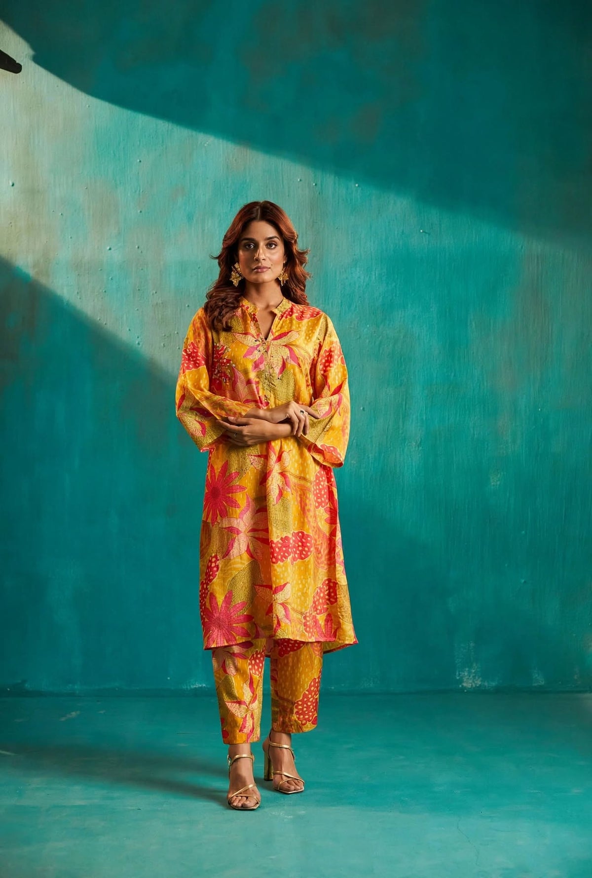 Yellow Floral Long Kurta Co-Ord Set