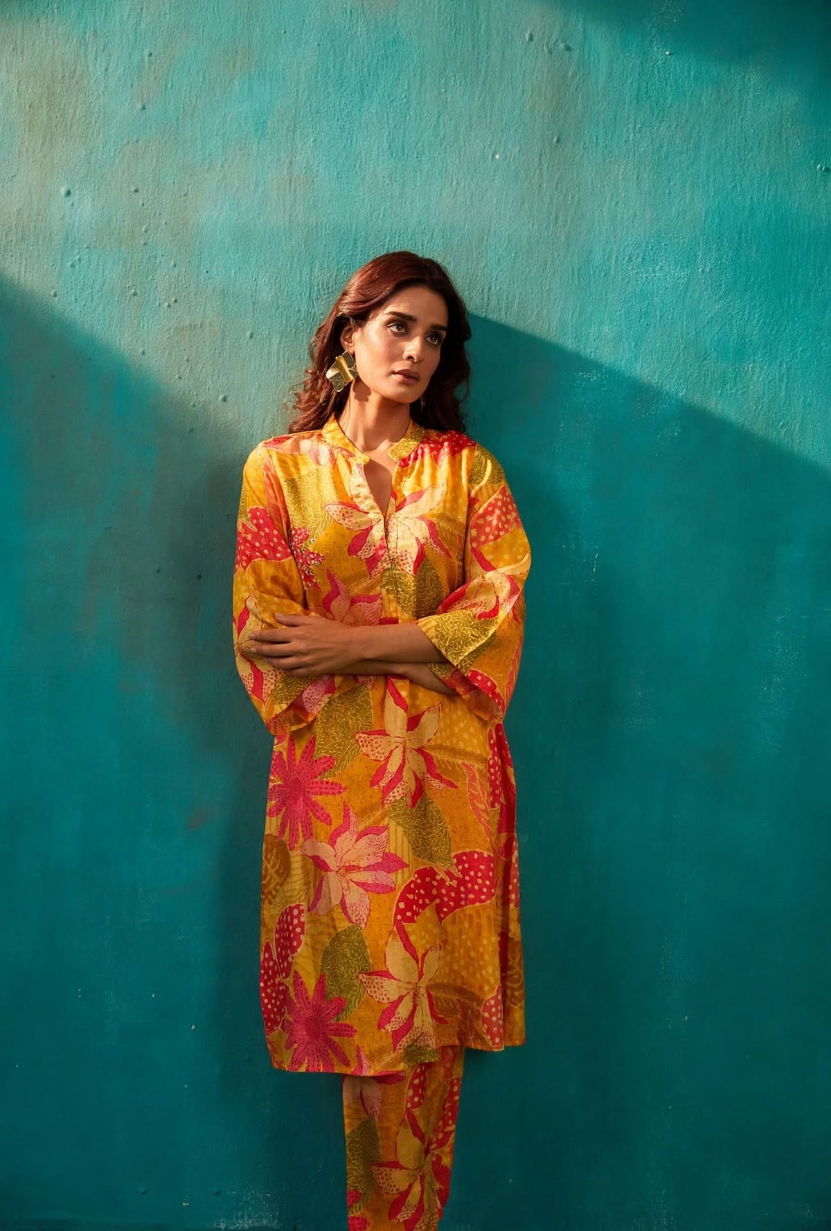 Yellow Floral Long Kurta Co-Ord Set