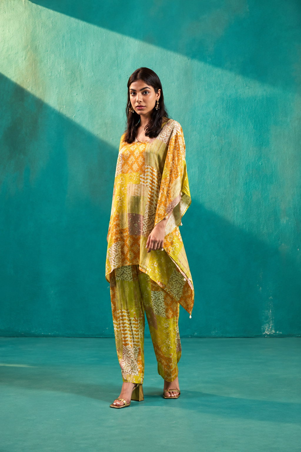Yellow Printed Satin Kaftan Co-Ord Set