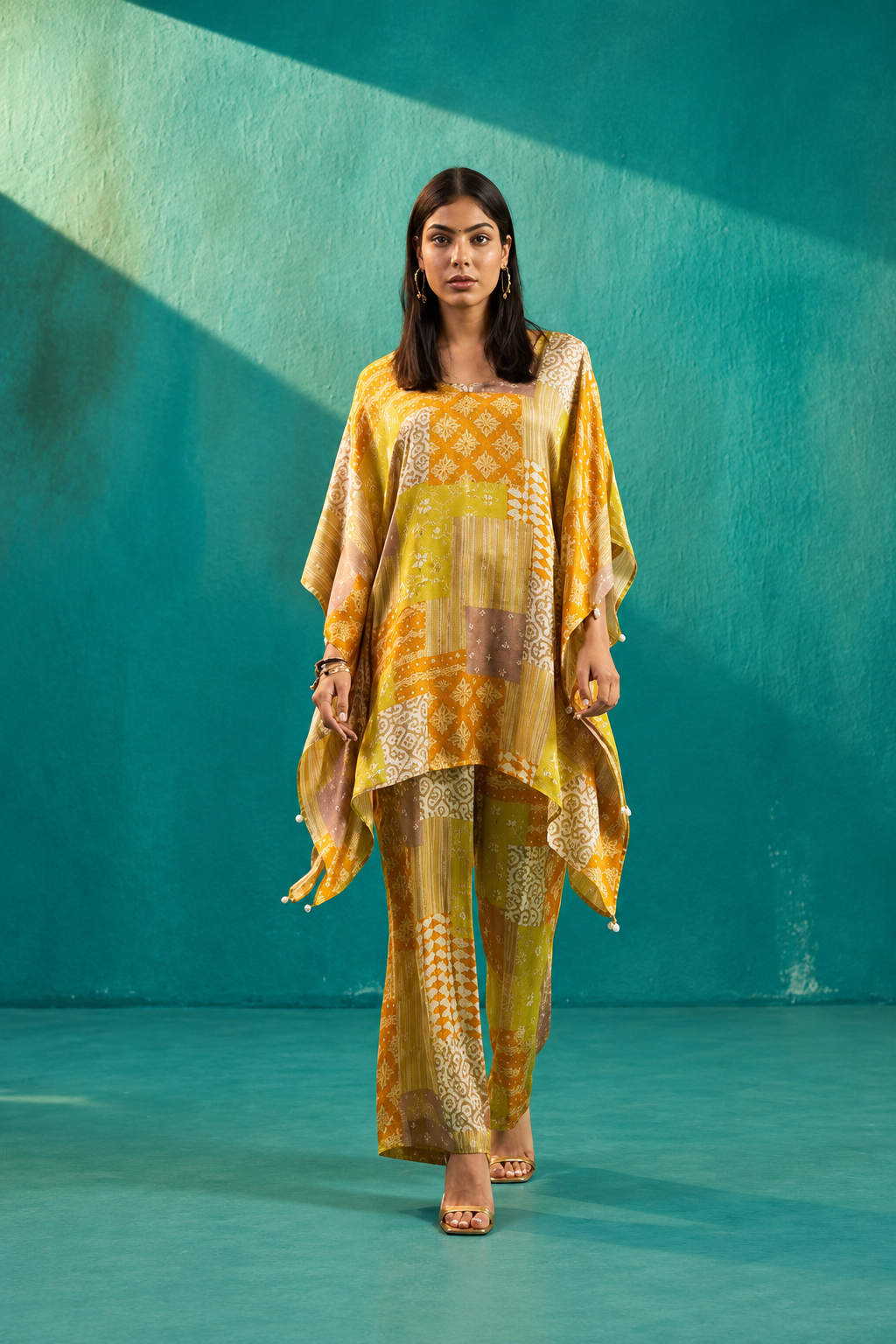 Yellow Printed Satin Kaftan Co-Ord Set