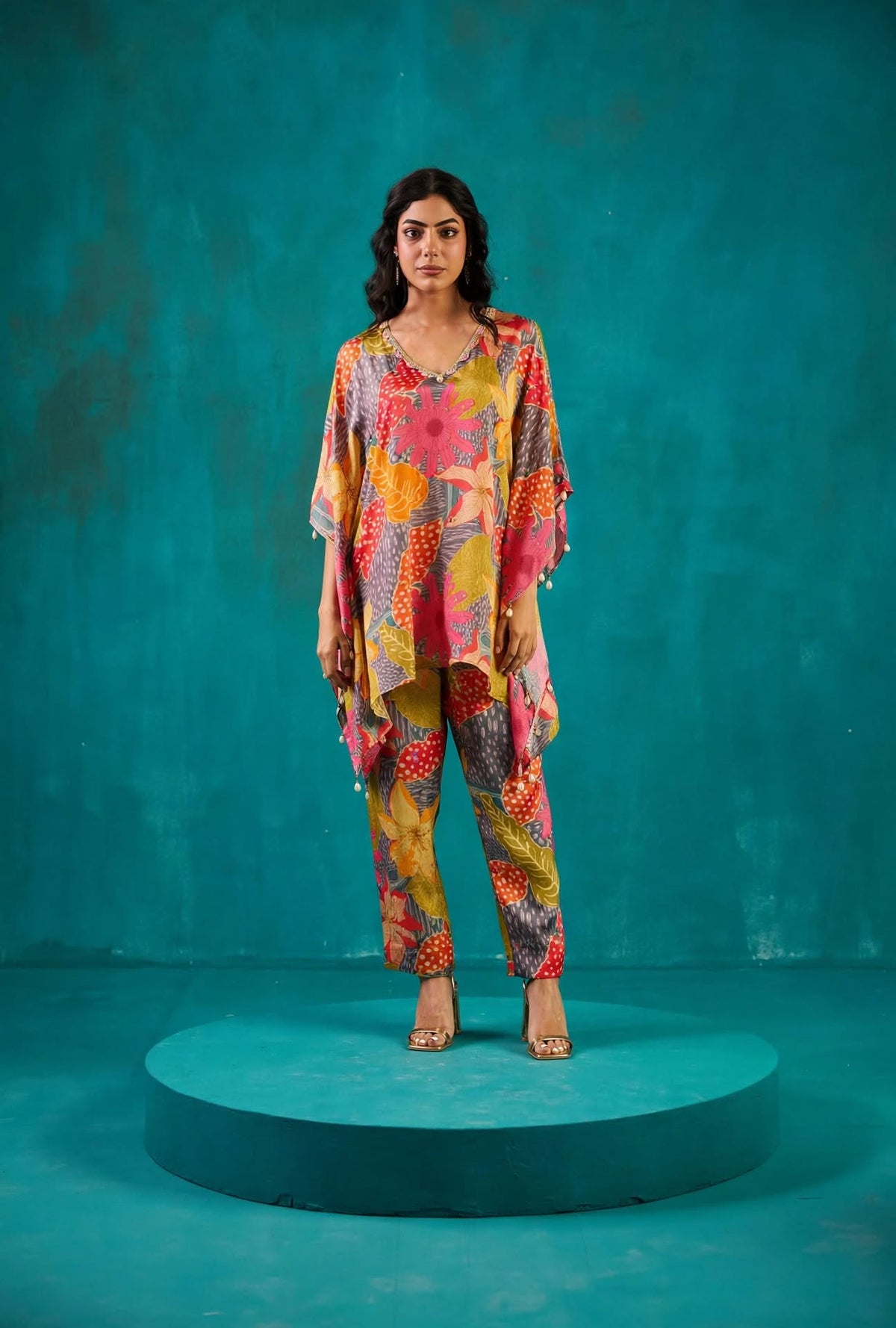 Steel Grey Printed Kaftan Co-Ord Set