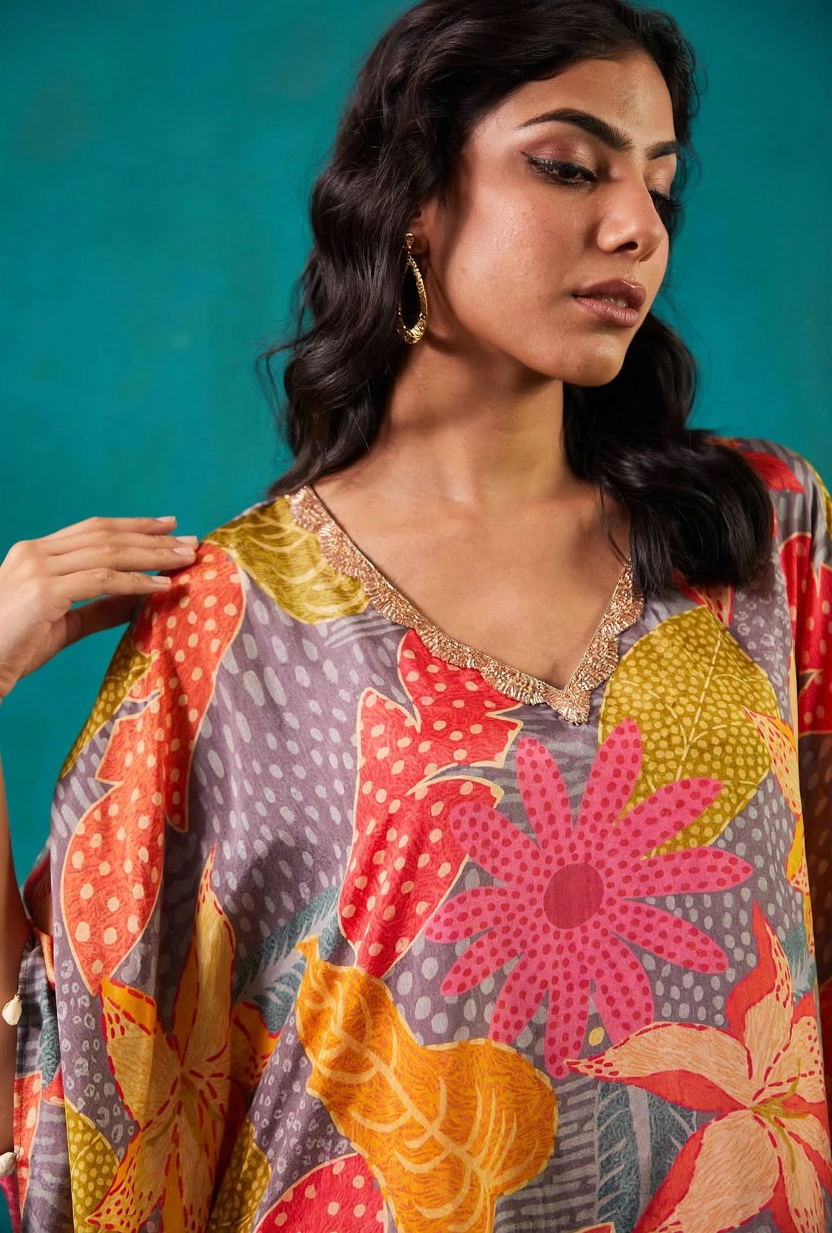 Steel Grey Printed Kaftan Co-Ord Set
