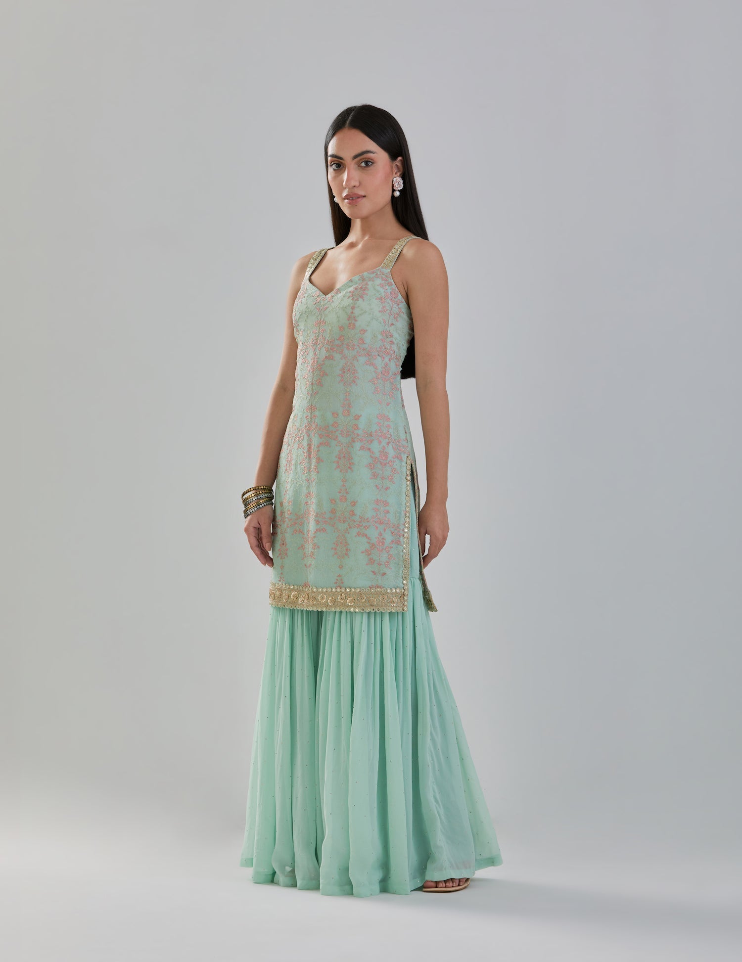 Mint Green Embroidered Sharara Set with Organza Dupatta