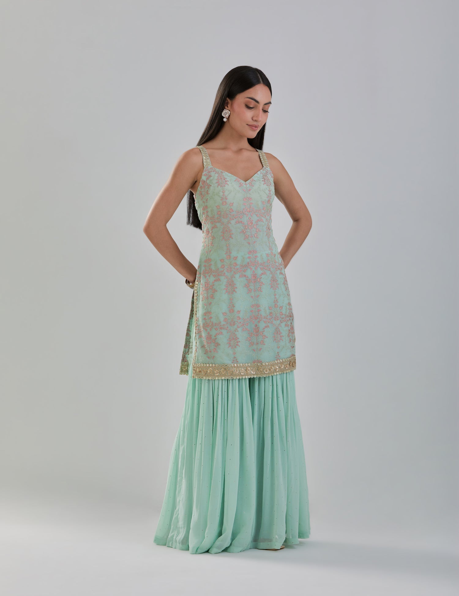 Mint Green Embroidered Sharara Set with Organza Dupatta