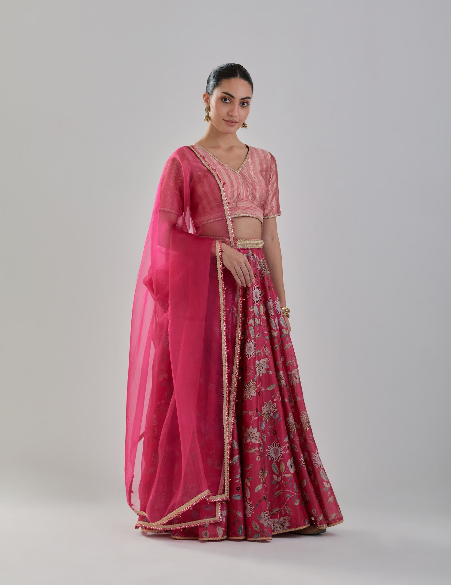 Fuchsia Floral Chanderi Lehenga Set with Organza Dupatta