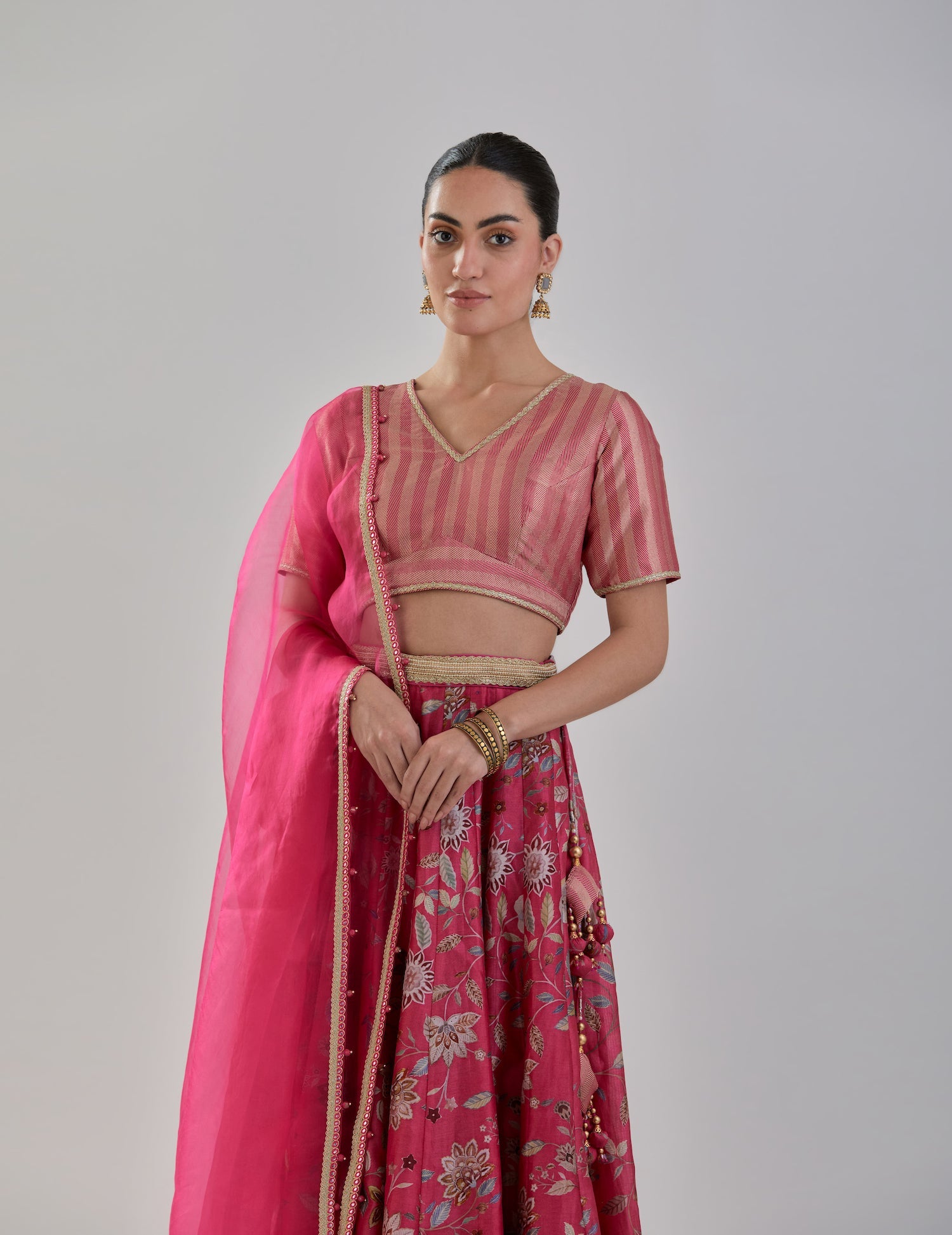 Fuchsia Floral Chanderi Lehenga Set with Organza Dupatta