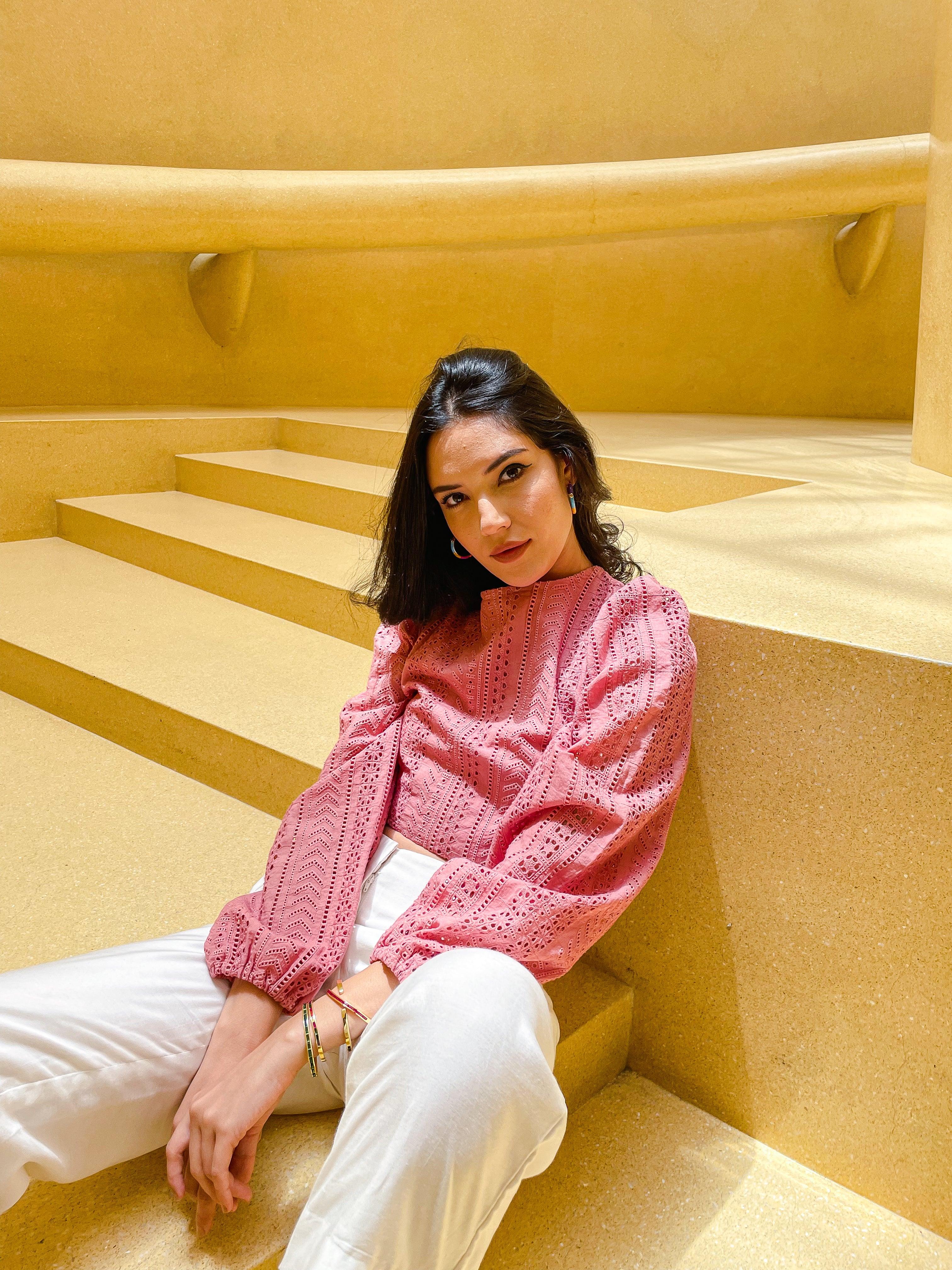 Salmon Schifli Cut Work Crop Top - Kapaas