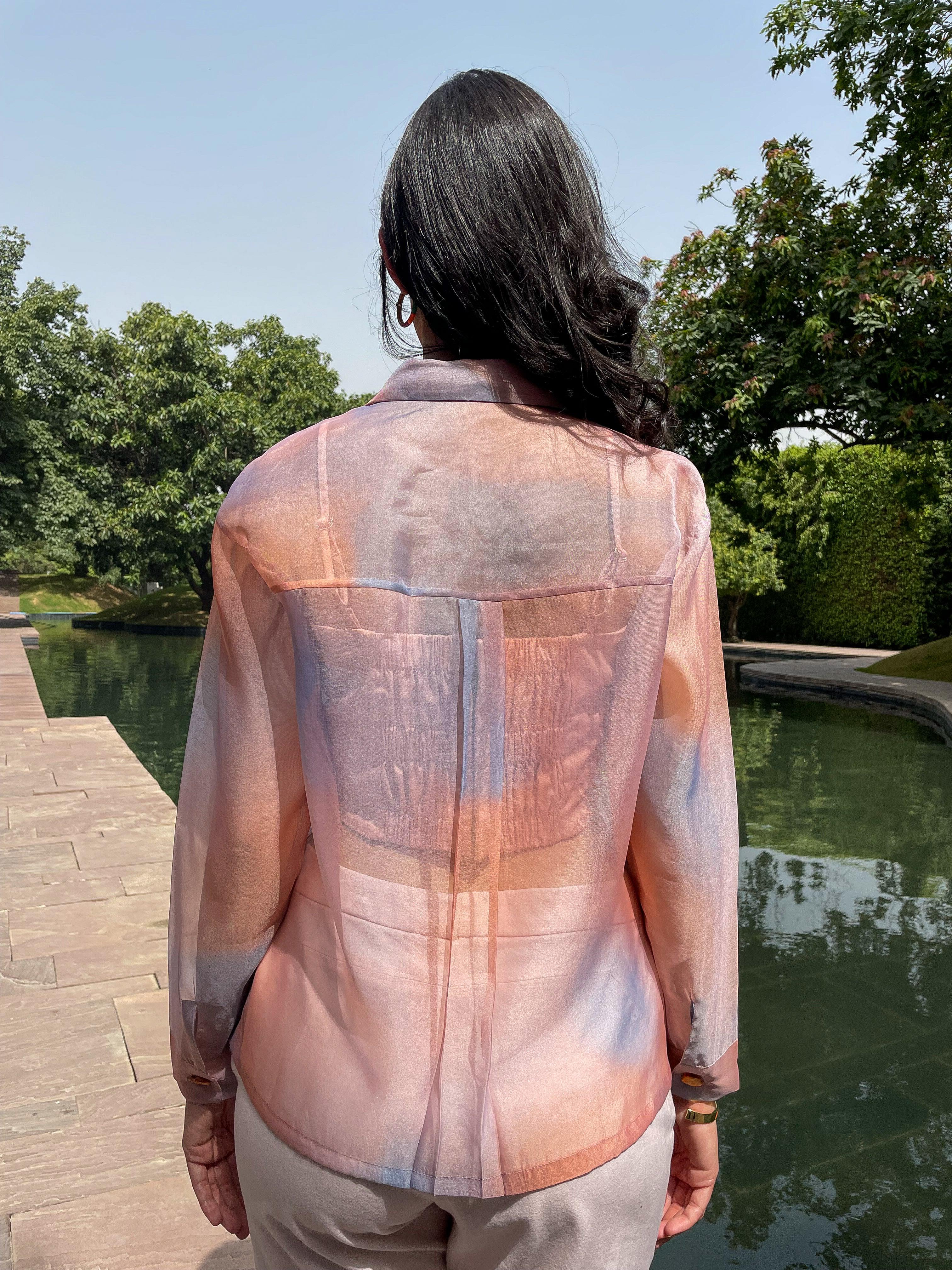 Ecru Watercolour Textured Organza Shirt - Kapaas