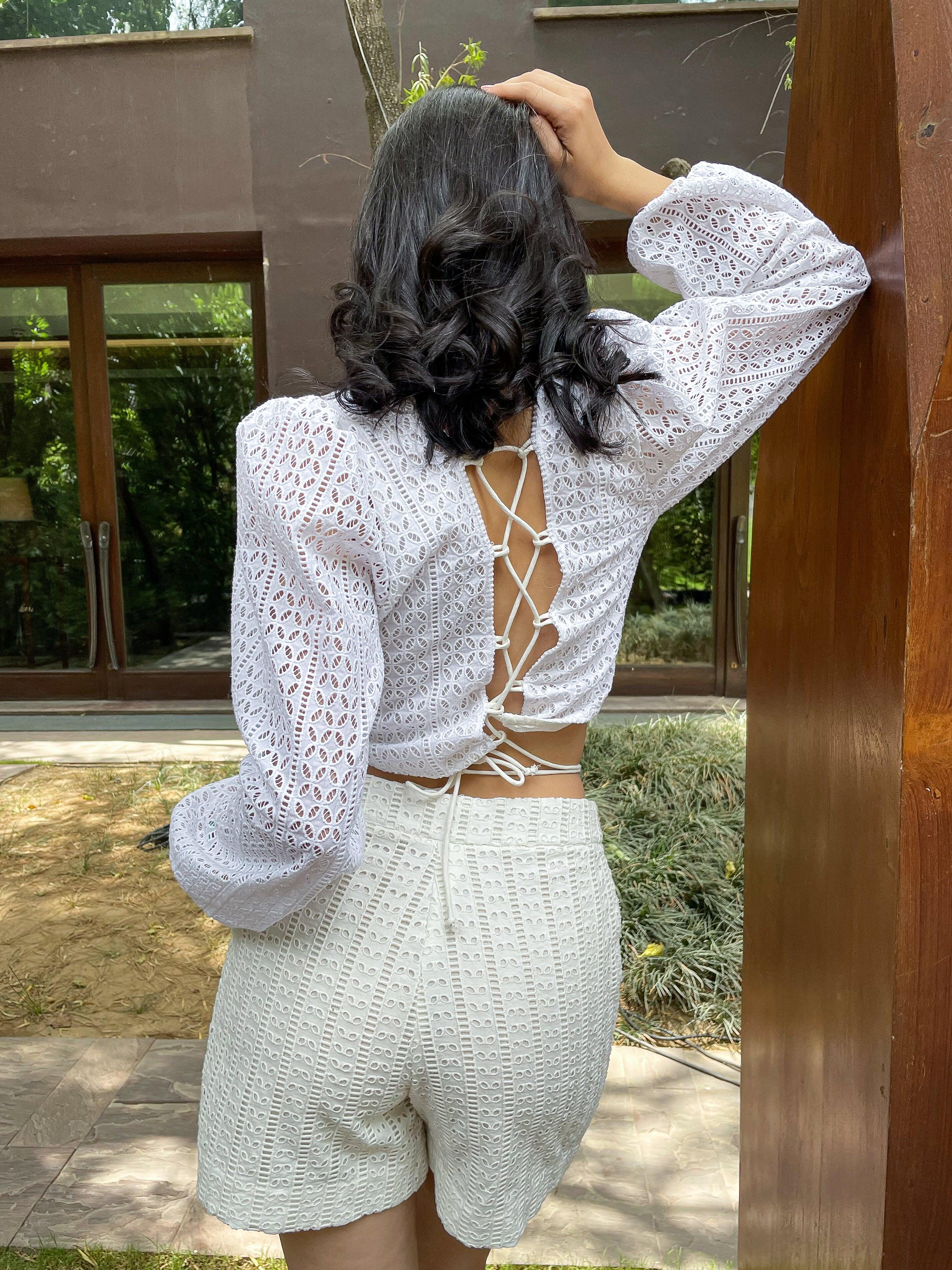 White Schifli Cut Work Crop Top - Kapaas