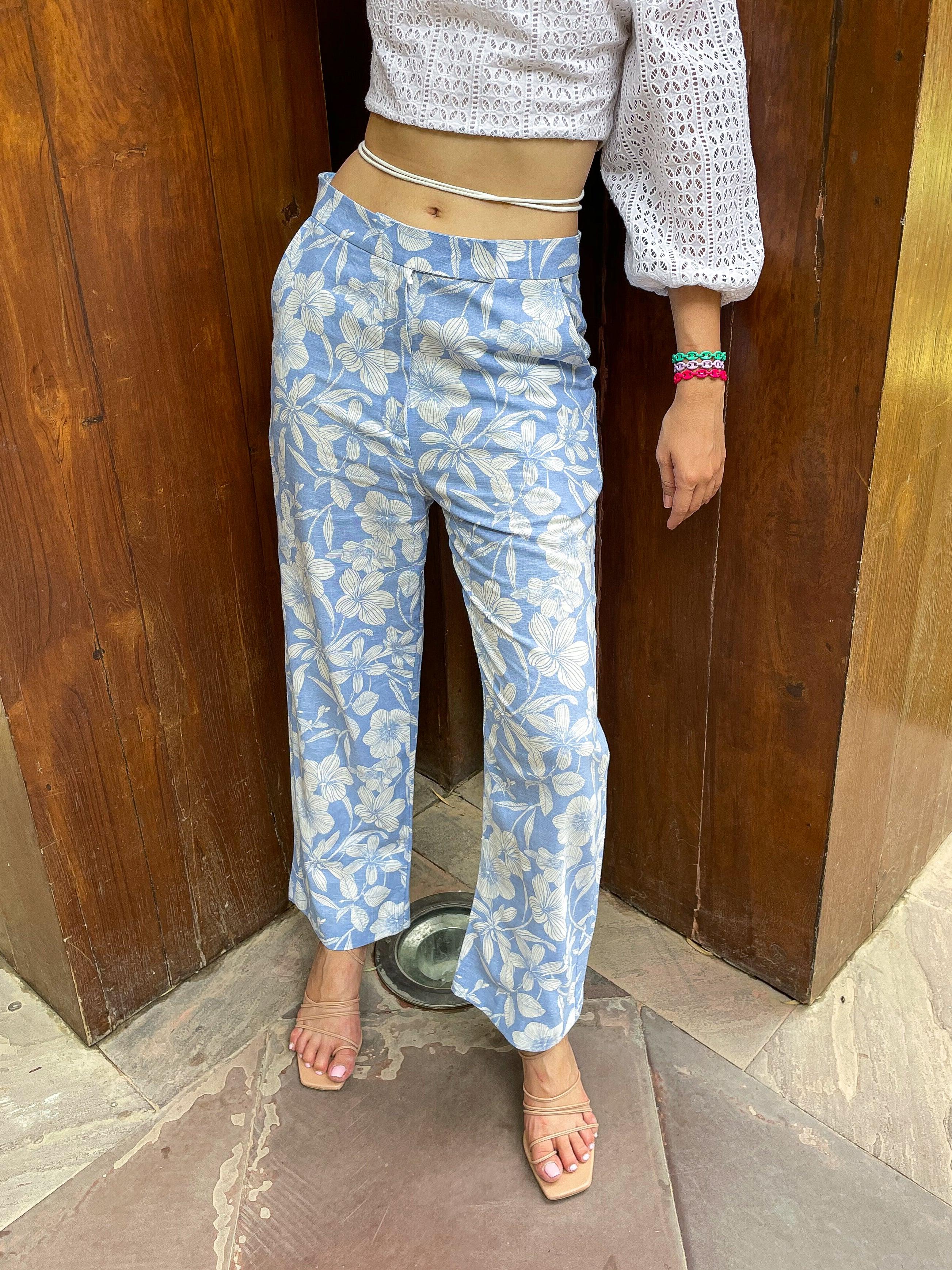 Sky Blue Floral Linen Co-ord Set - Kapaas