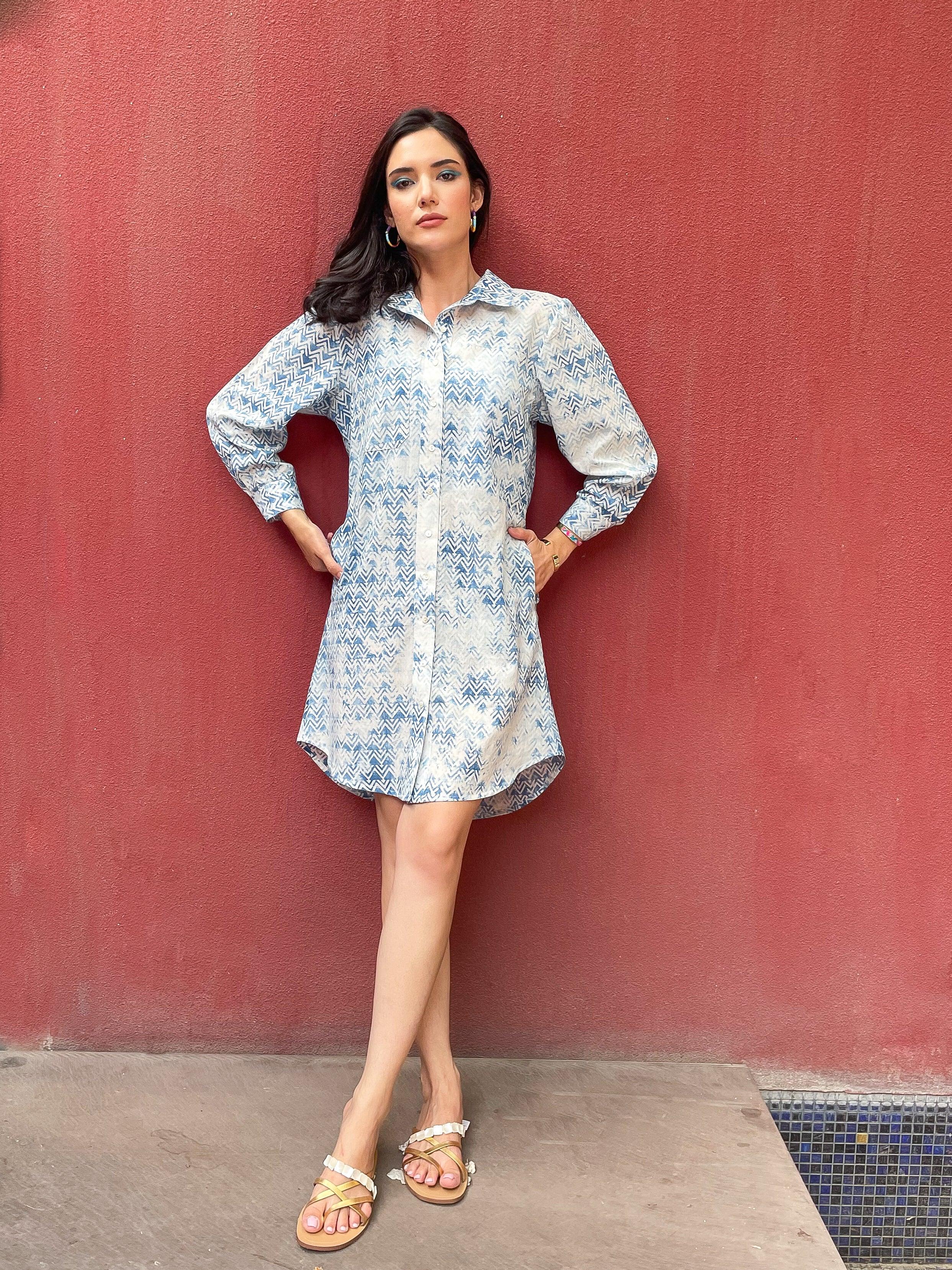 Blue Textured Print Shirt Dress - Kapaas