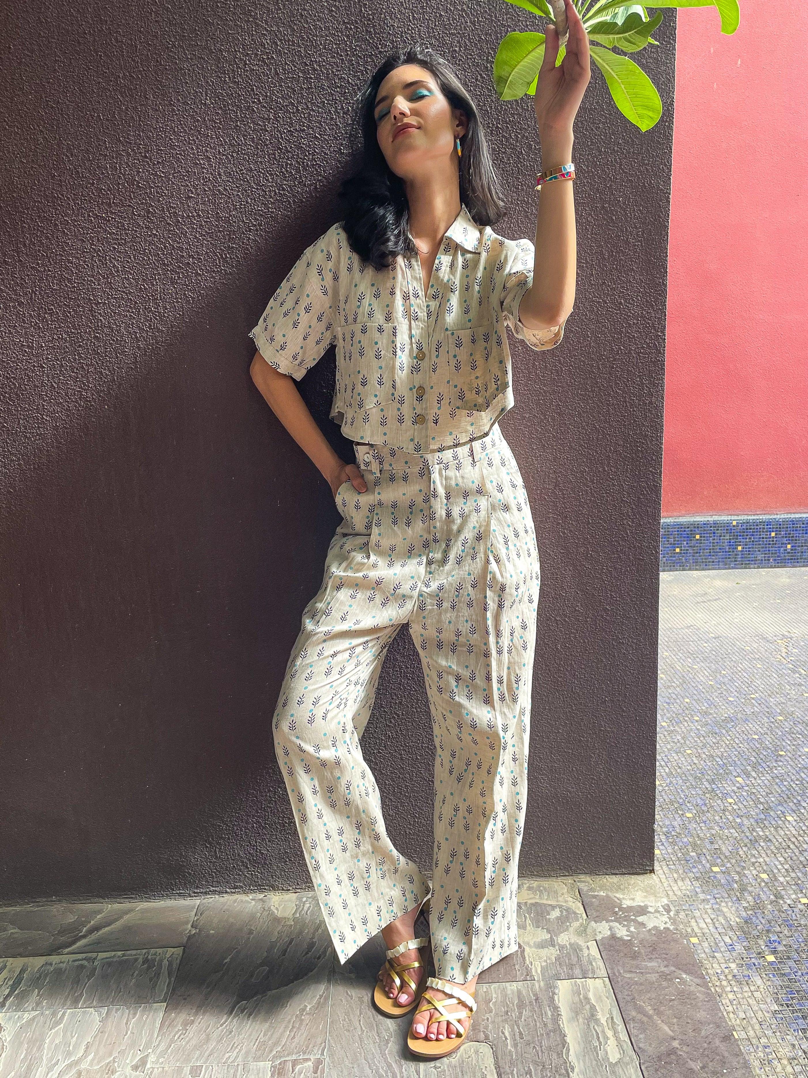 Beige Printed Linen Co-ord Set - Kapaas