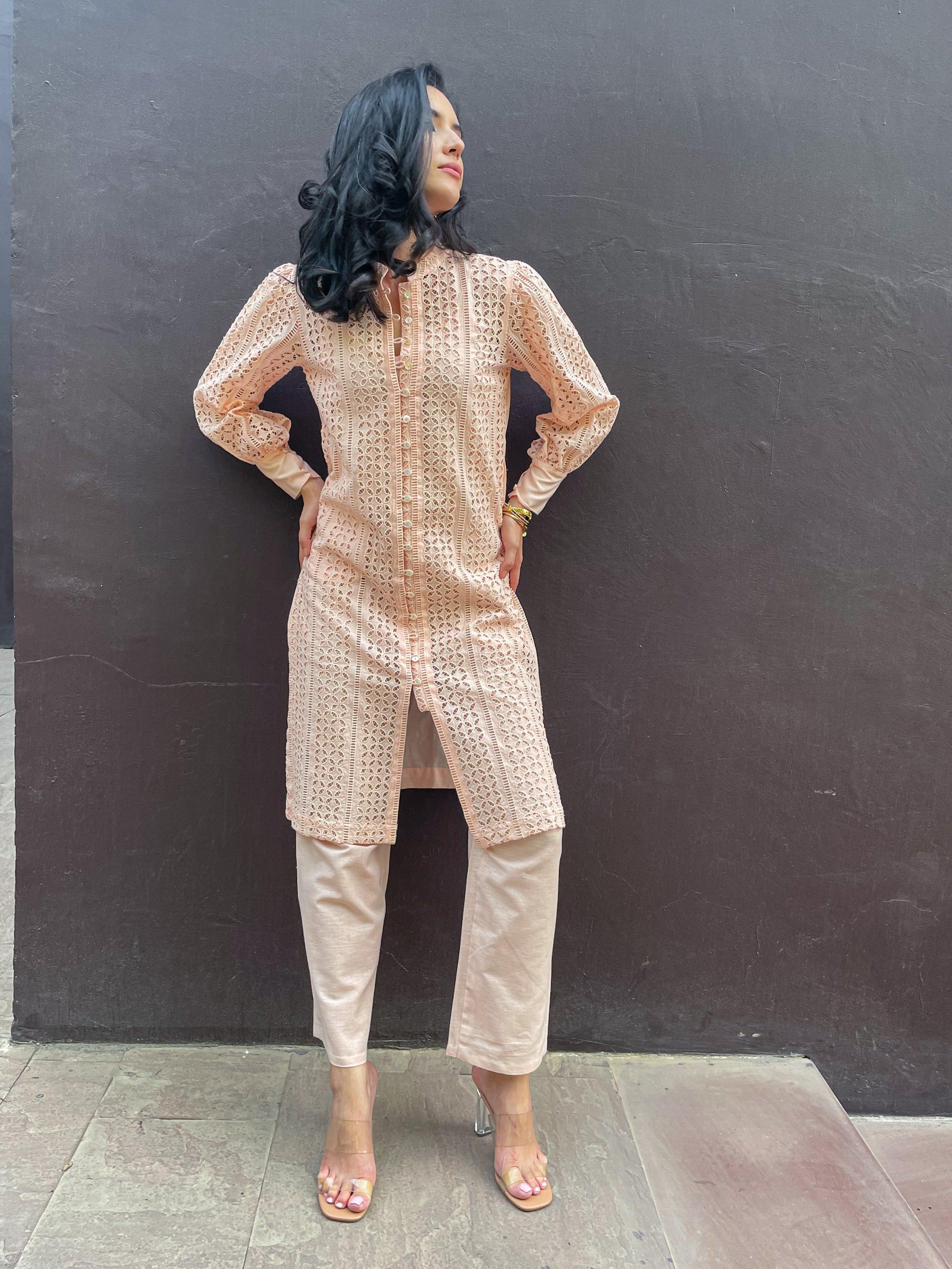 Peach Schifli Kurta - Kapaas