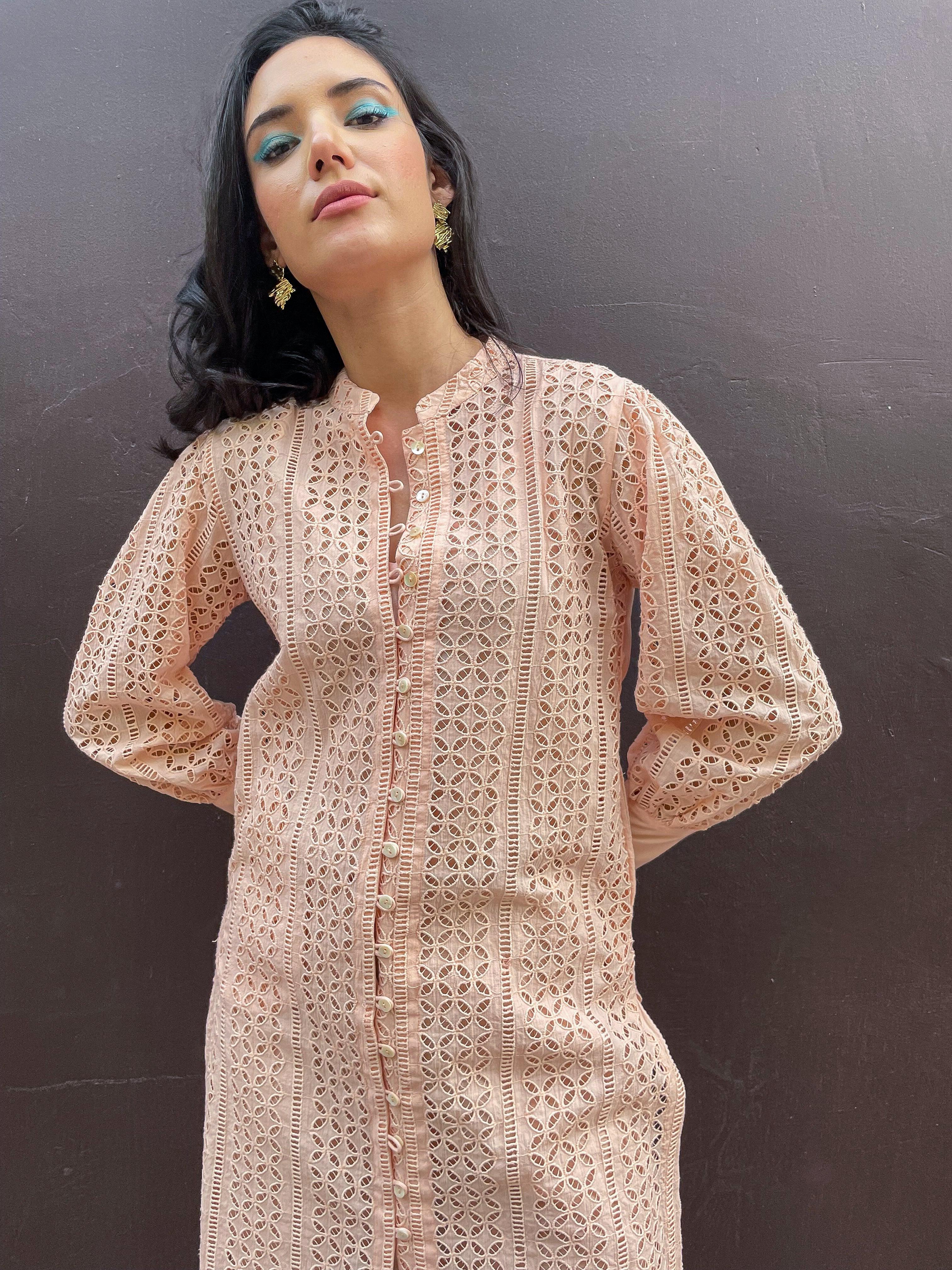 Peach Schifli Kurta - Kapaas