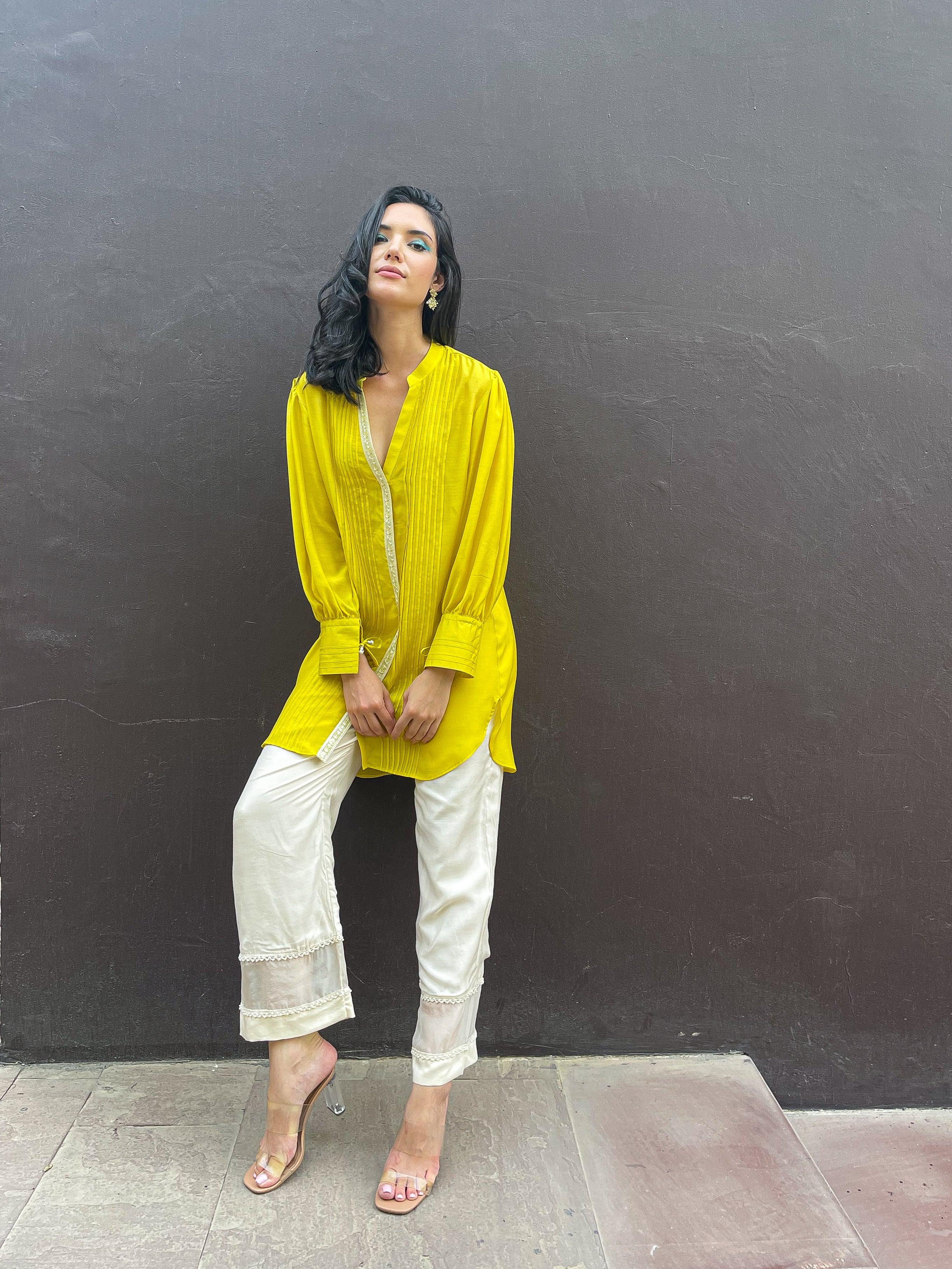 Lime Yellow Pintuck Kurta - Kapaas