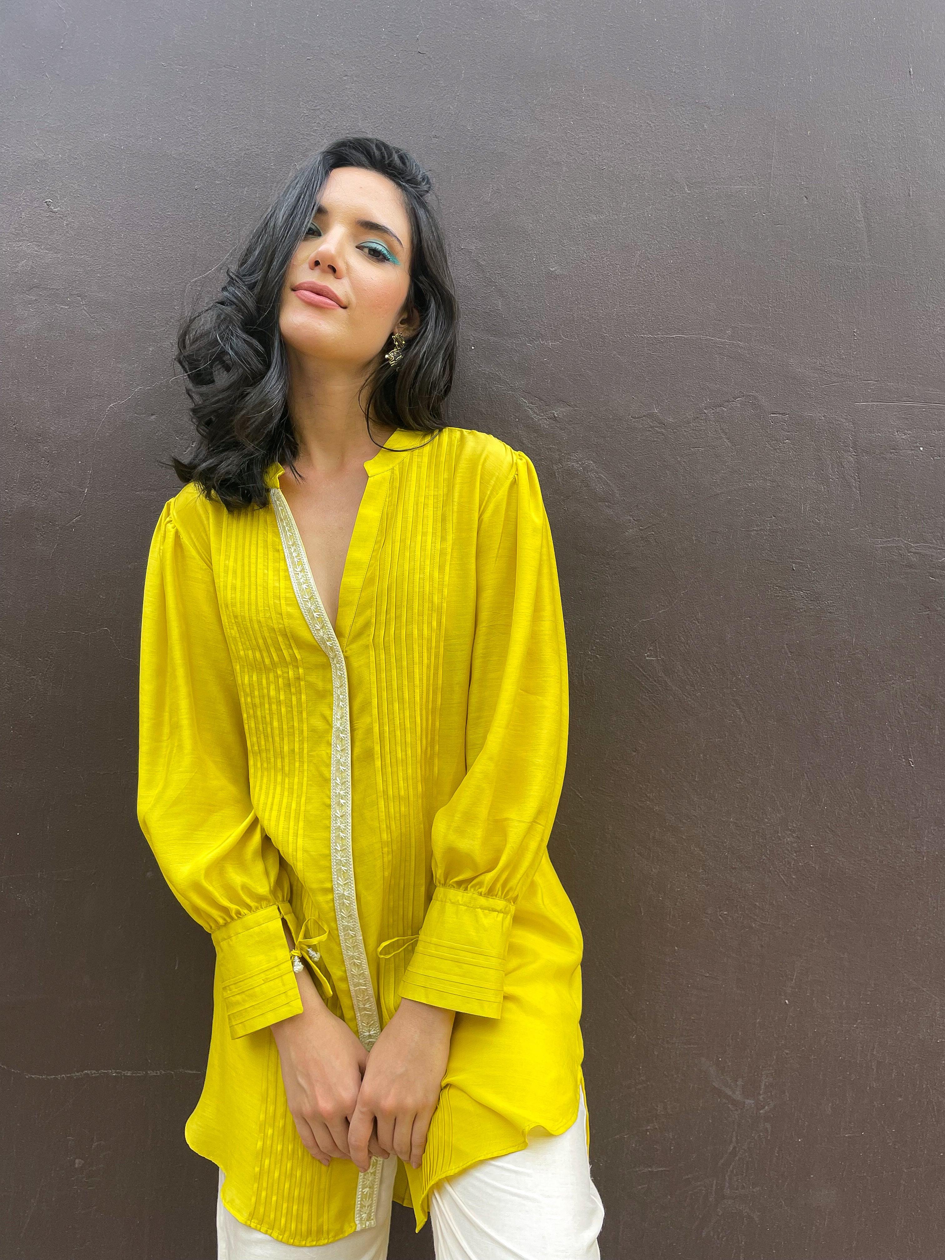 Lime Yellow Pintuck Kurta - Kapaas