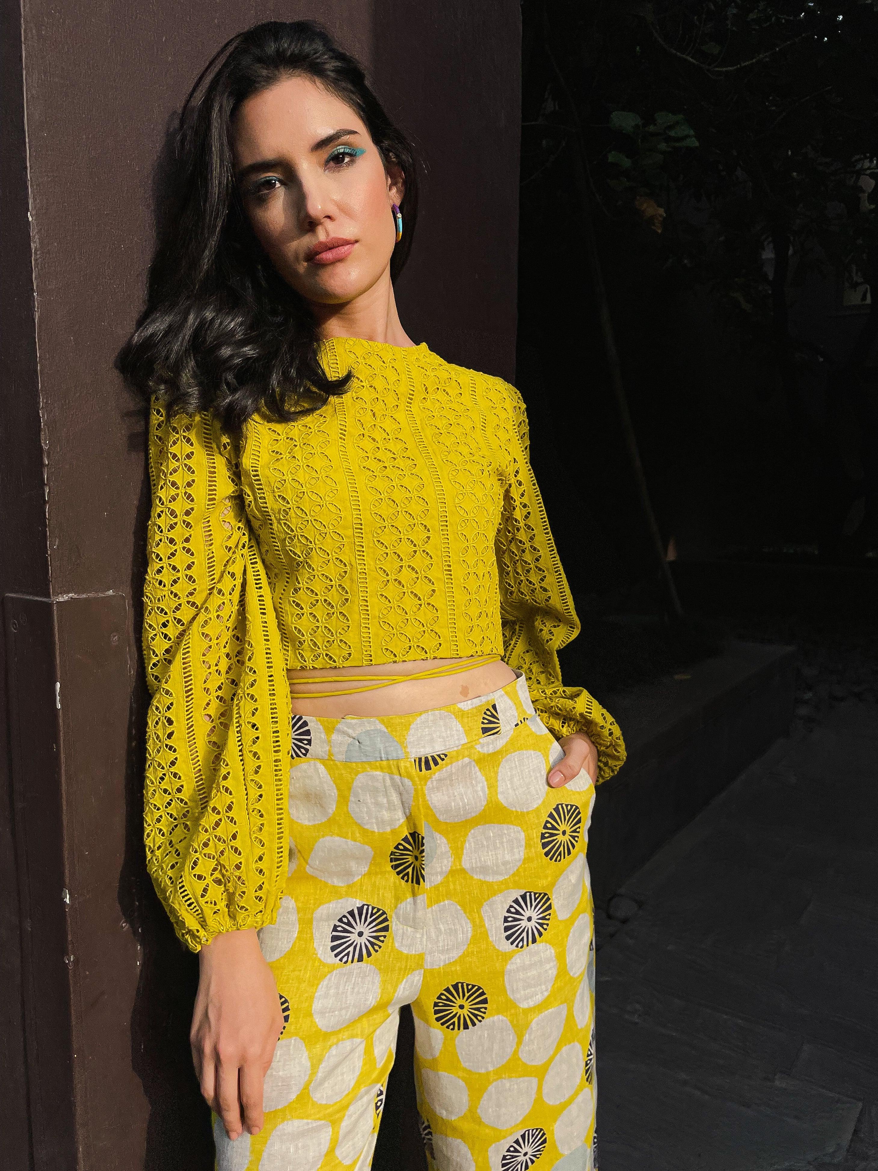 Lime Schifli Cut Work Crop Top - Kapaas