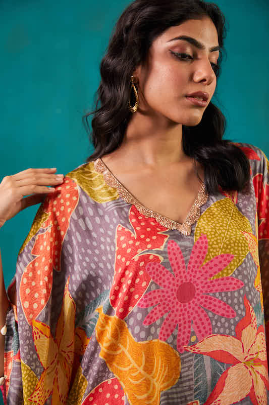 Steel Grey Printed Kaftan Co-ord Set