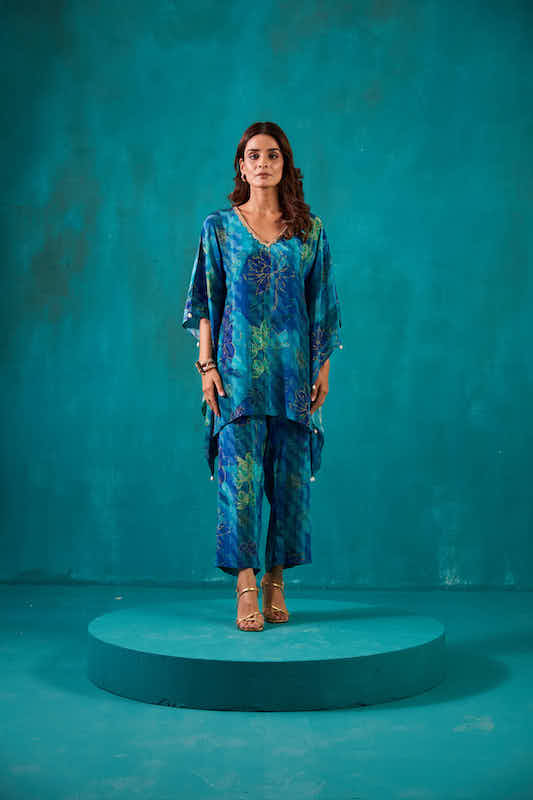 Teal Blue Printed Kaftan Co-ord Set