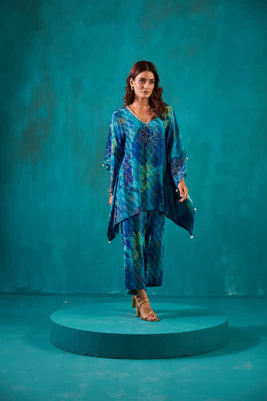 Teal Blue Printed Kaftan Co-ord Set