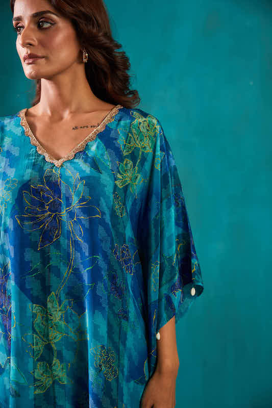 Teal Blue Printed Kaftan Co-ord Set