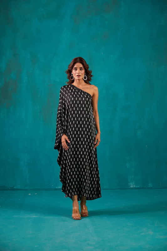 Black Satin One Shoulder Kaftan