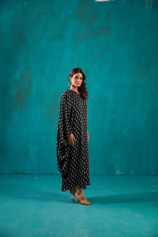 Black Satin One Shoulder Kaftan