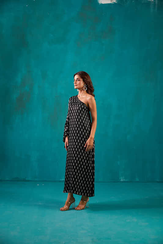 Black Satin One Shoulder Kaftan