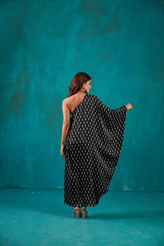 Black Satin One Shoulder Kaftan