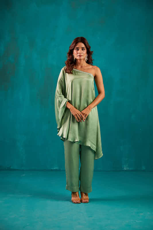 Sage Green One Shoulder Kaftan Co-ord Set