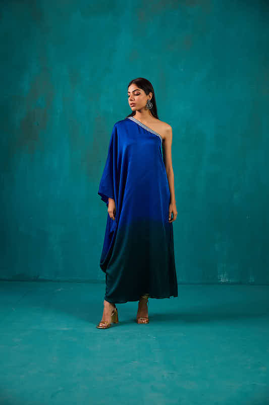 Teal Green One Shoulder Kaftan Dress