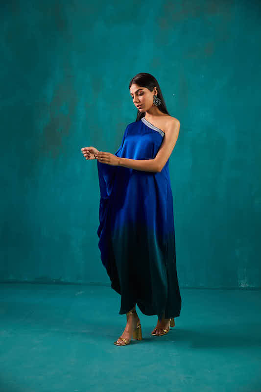 Teal Green One Shoulder Kaftan Dress