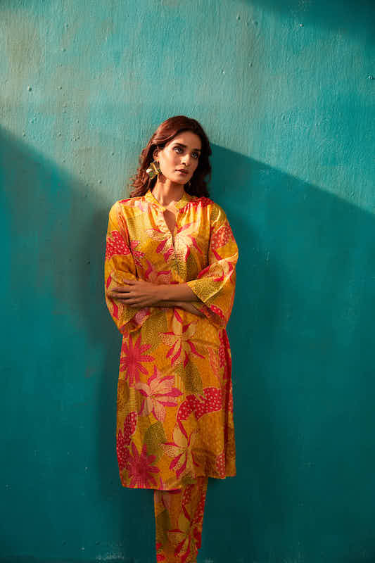 Yellow Floral Long Kurta Co-ord Set