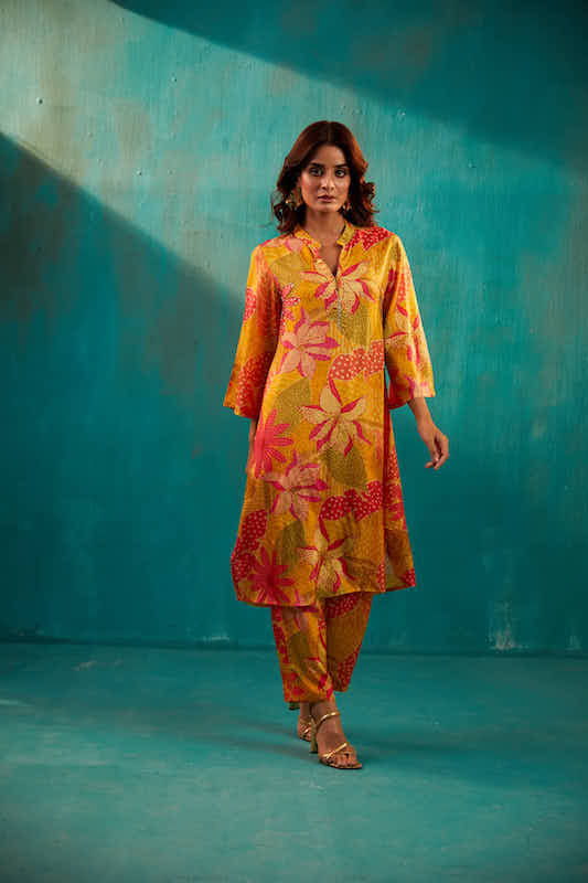 Yellow Floral Long Kurta Co-ord Set