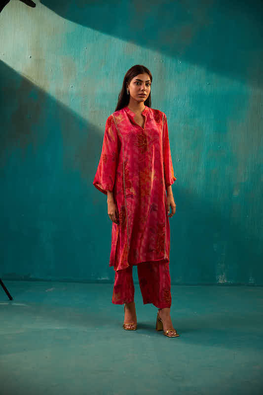 Fuchsia Crepe Long Kurta Co-ord Set