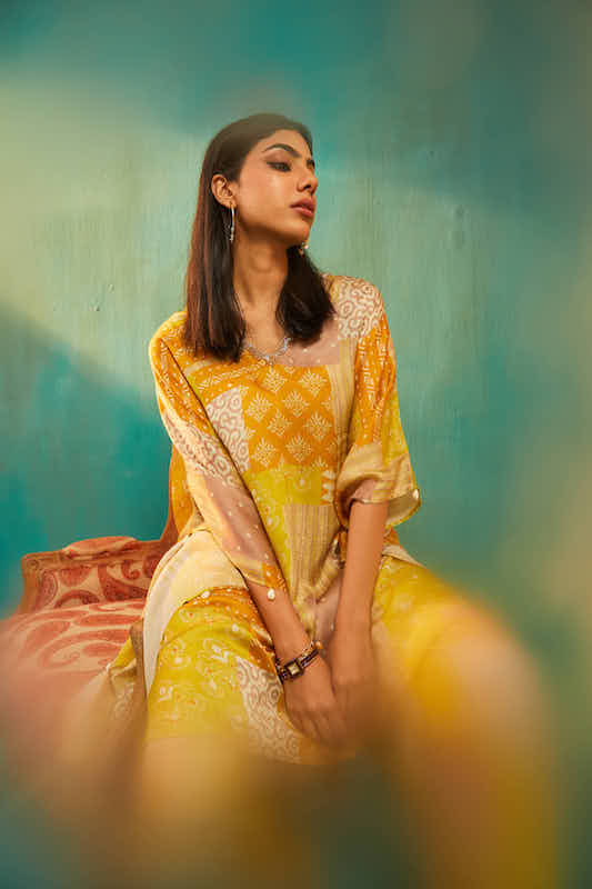Yellow Printed Satin Kaftan Co-ord Set
