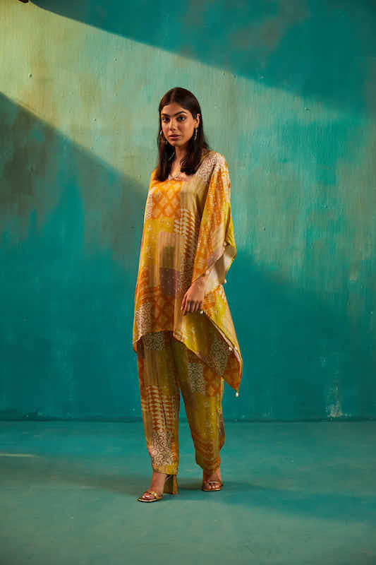 Yellow Printed Satin Kaftan Co-ord Set